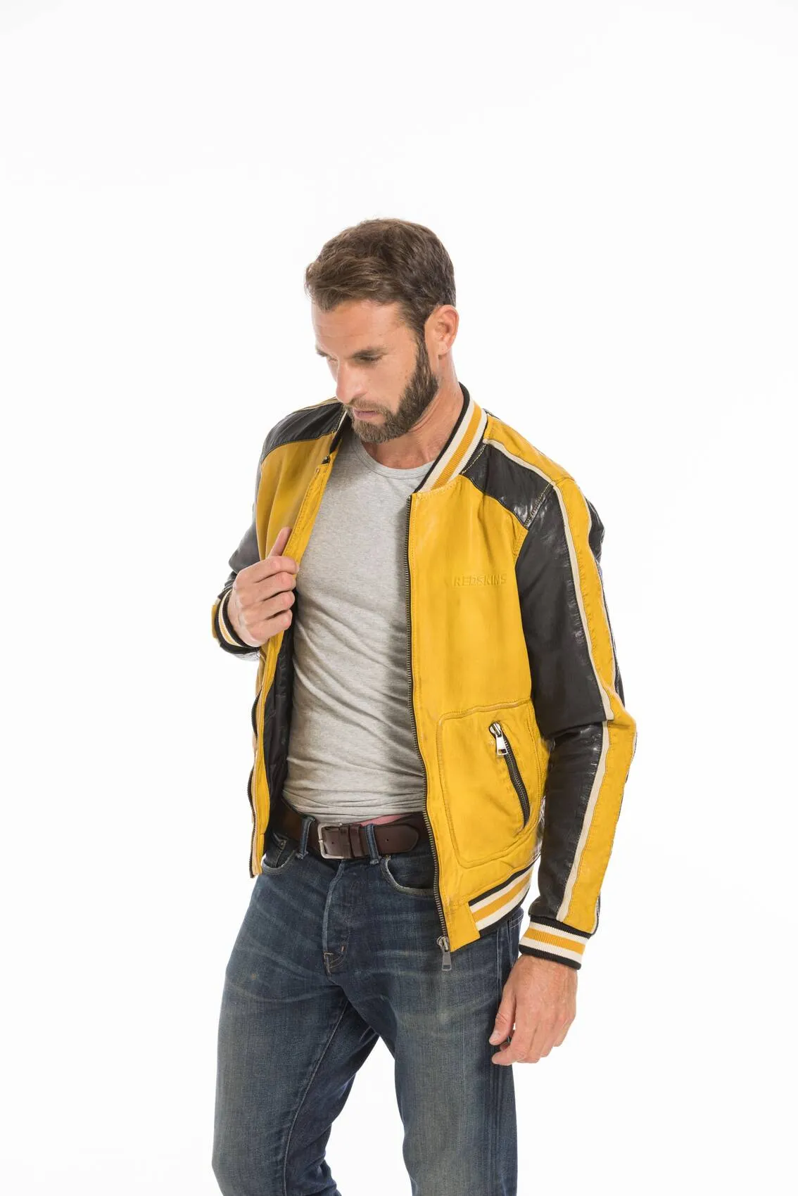 Men's yellow/black redskins fray teddy style leather jacket