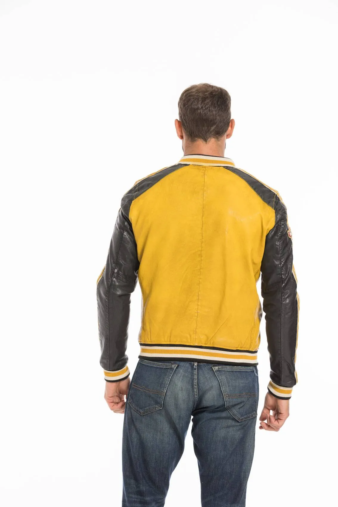 Men's yellow/black redskins fray teddy style leather jacket