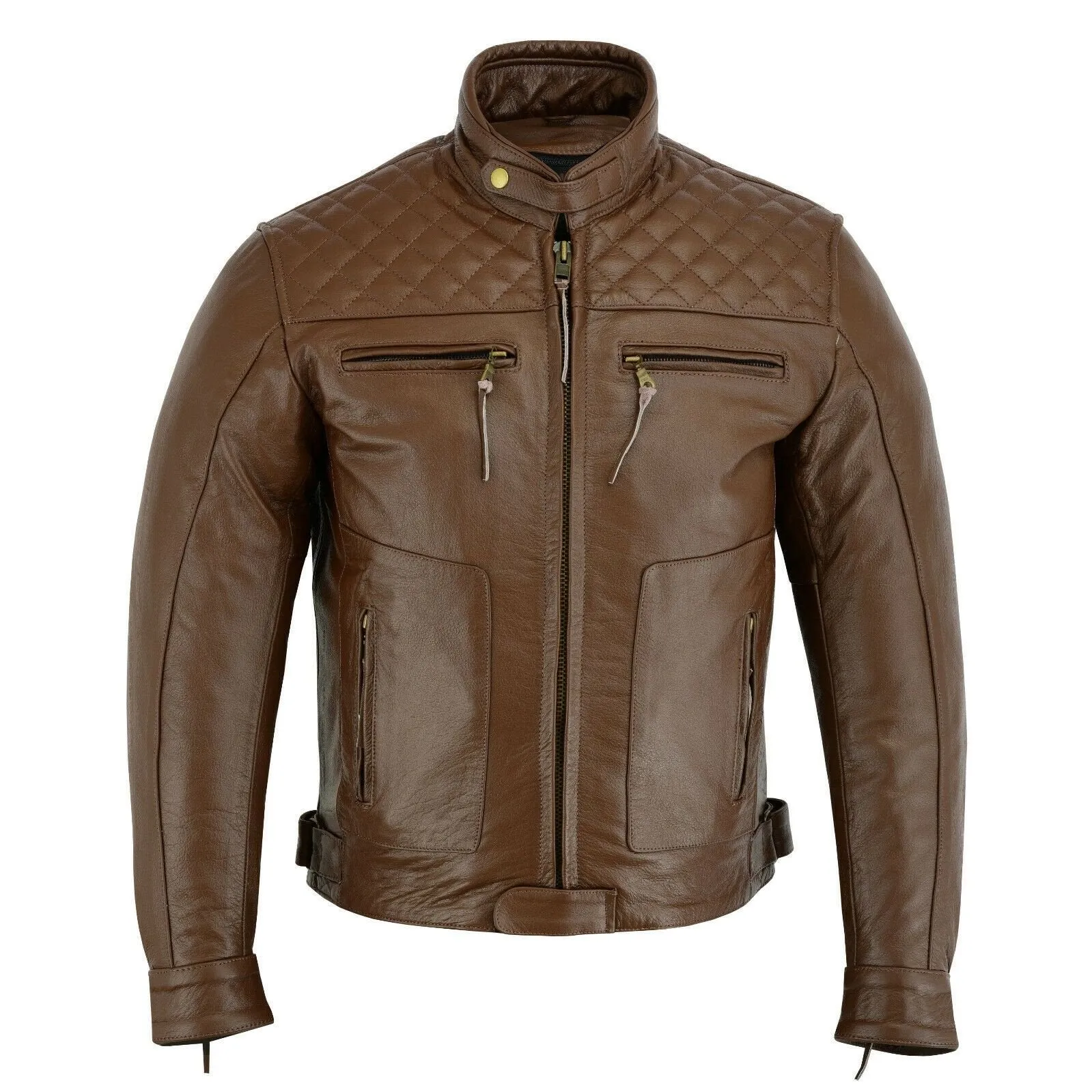 Mens's Brown Motorbike Motorcycle Diamond Leather Jacket CE Protection Cowhide