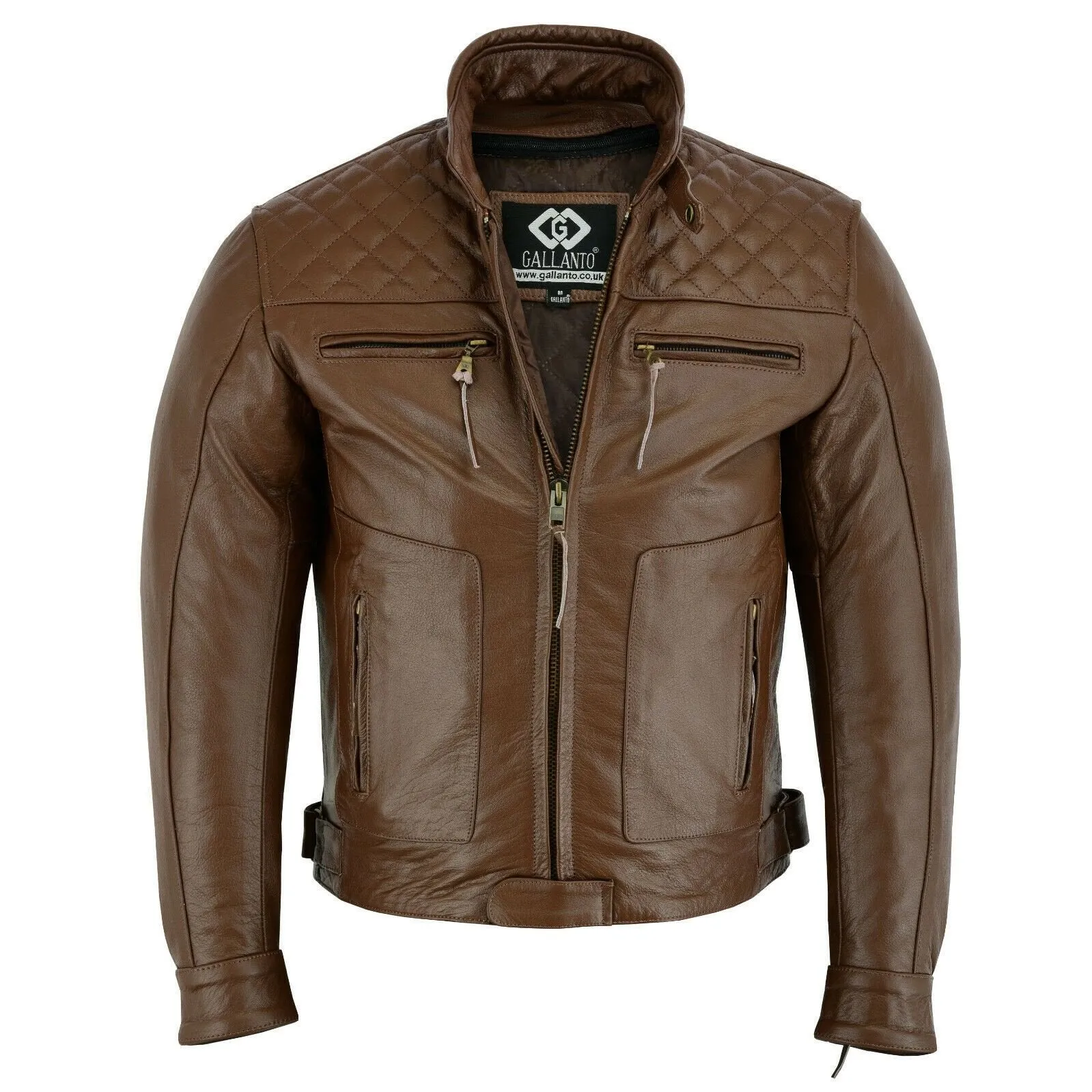 Mens's Brown Motorbike Motorcycle Diamond Leather Jacket CE Protection Cowhide