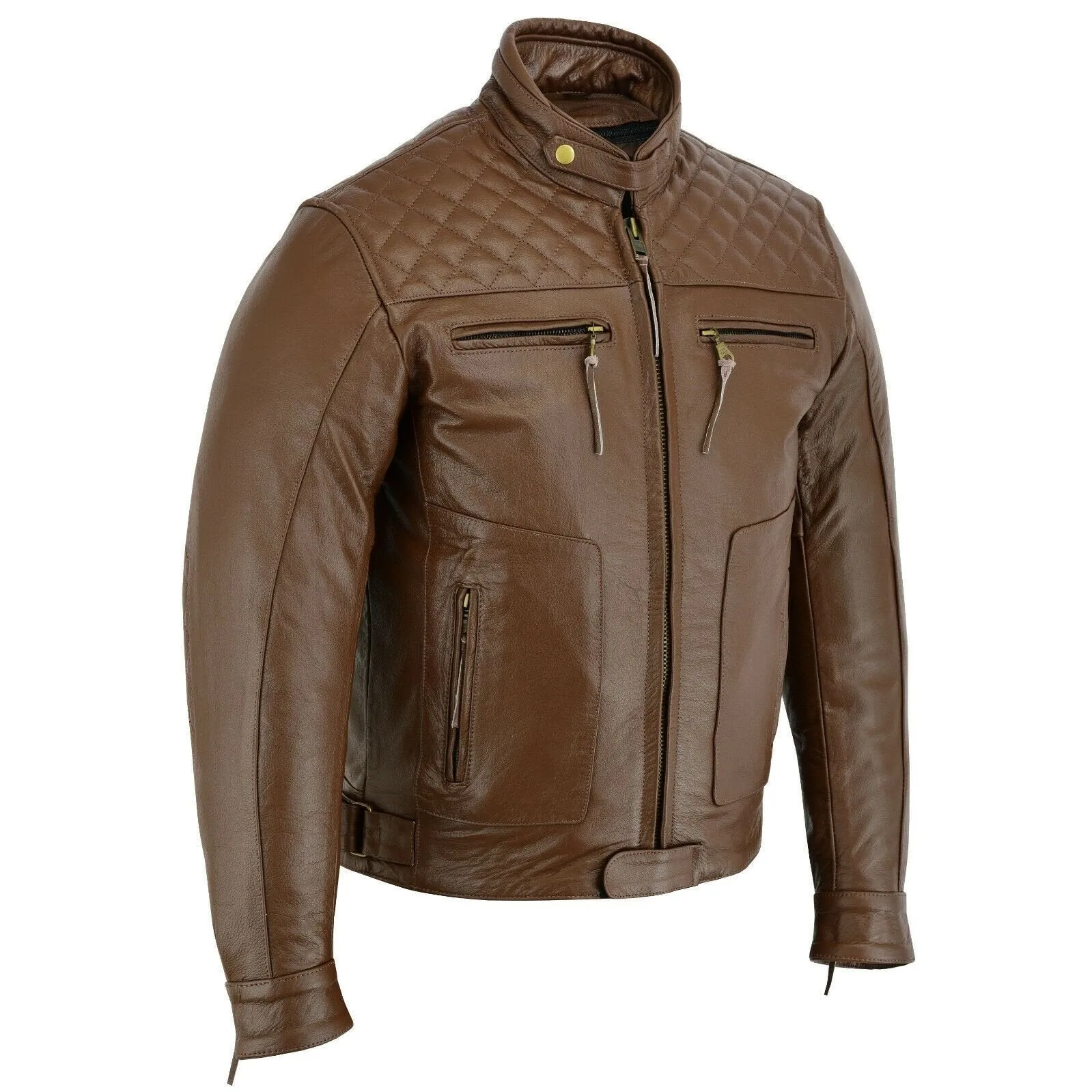 Mens's Brown Motorbike Motorcycle Diamond Leather Jacket CE Protection Cowhide