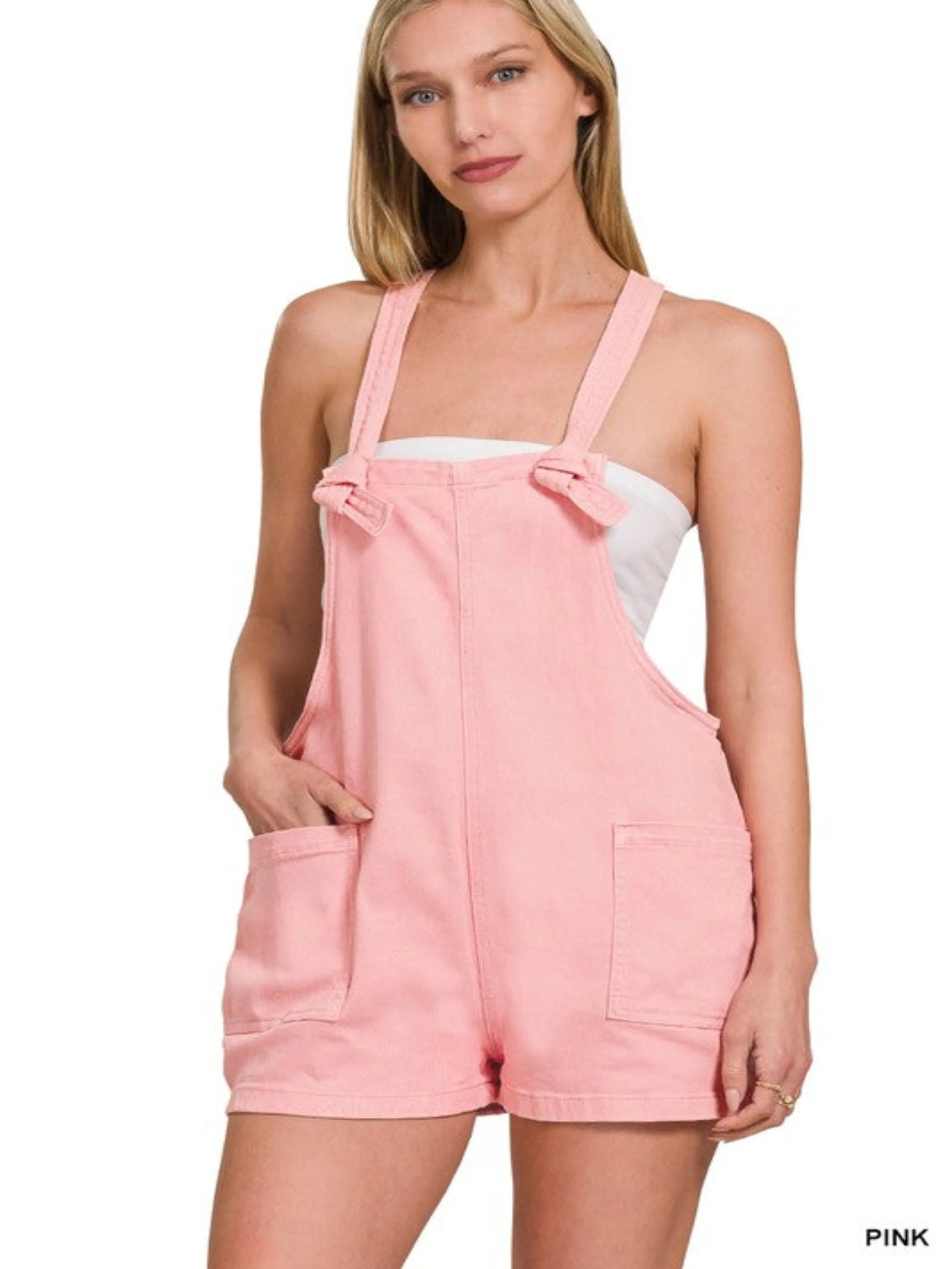 MINERAL WASH KNOT STRAP ROMPER-PINK