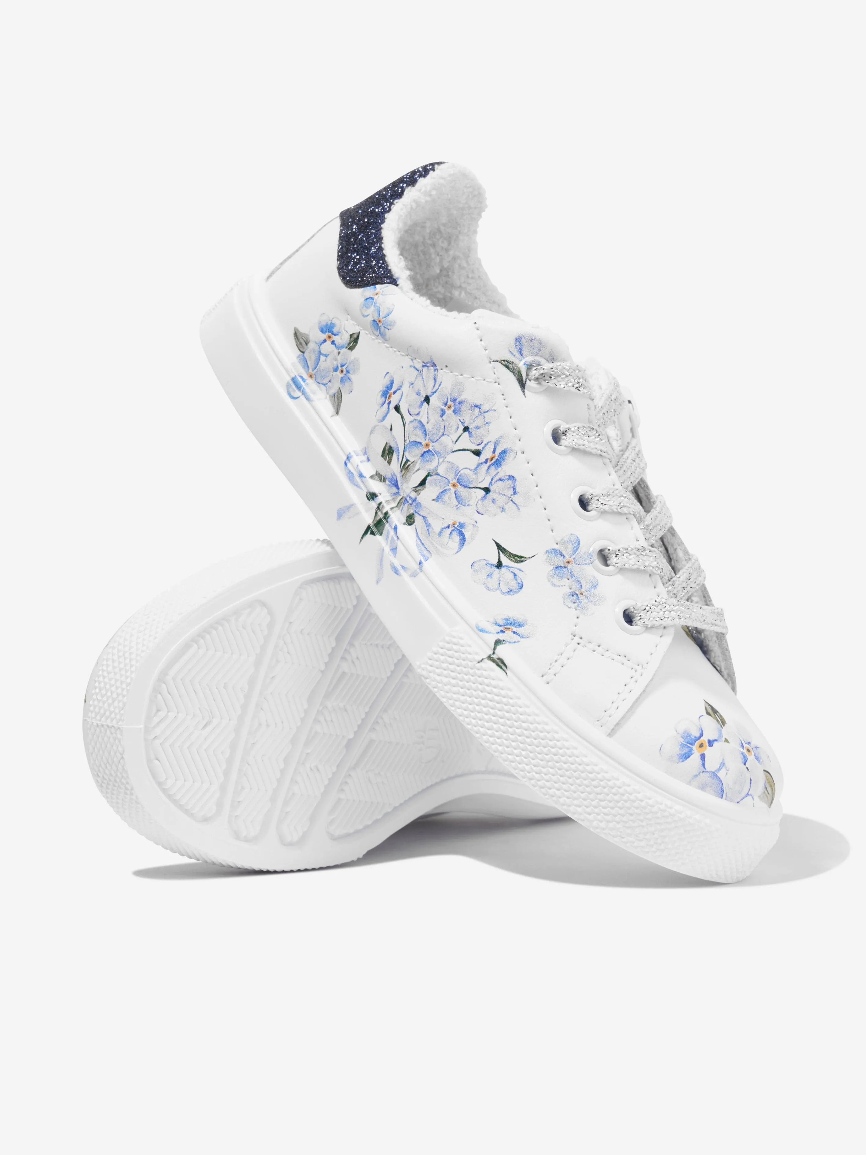 Monnalisa Girls Floral Leather Trainers in White