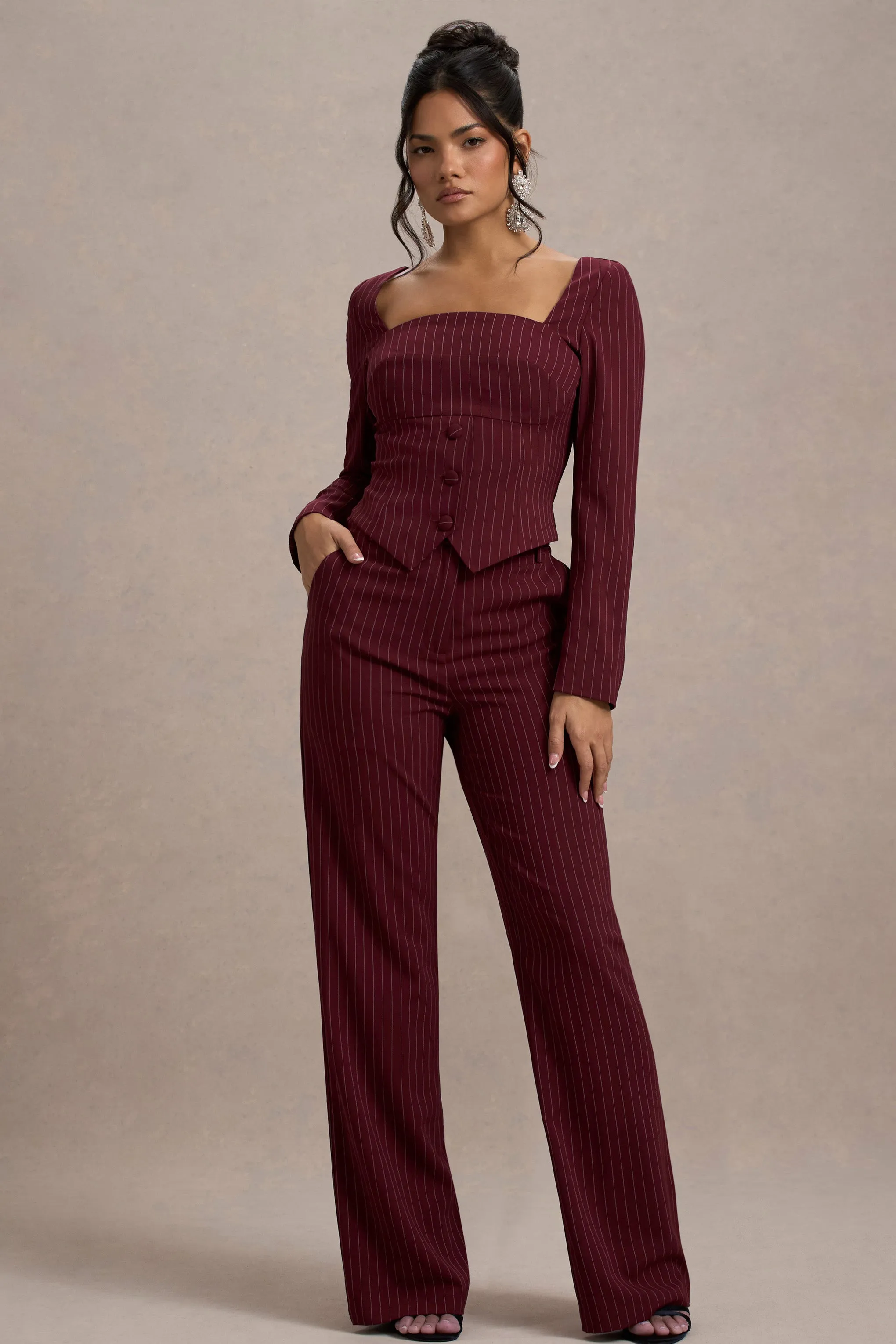 New York | Wine Pinstripe Tailored Wide-Leg Trousers