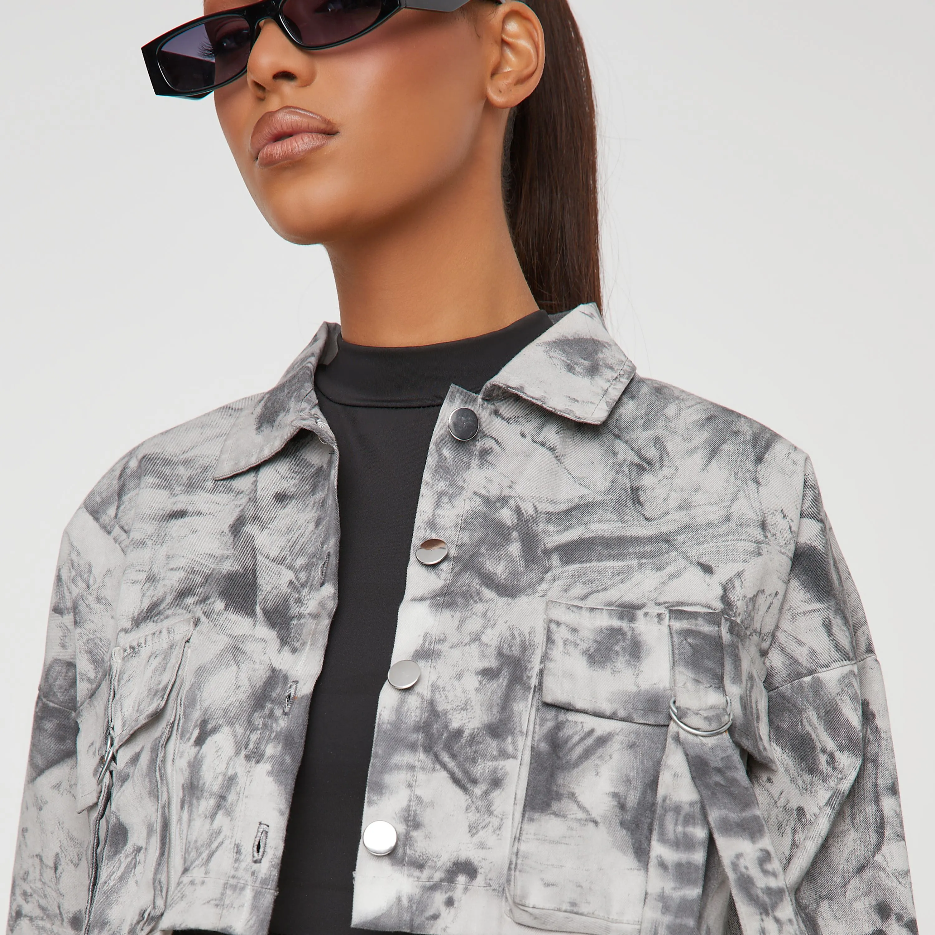 Oversized Belt Detail Cargo Cropped Jacket In Grey Acid Wash