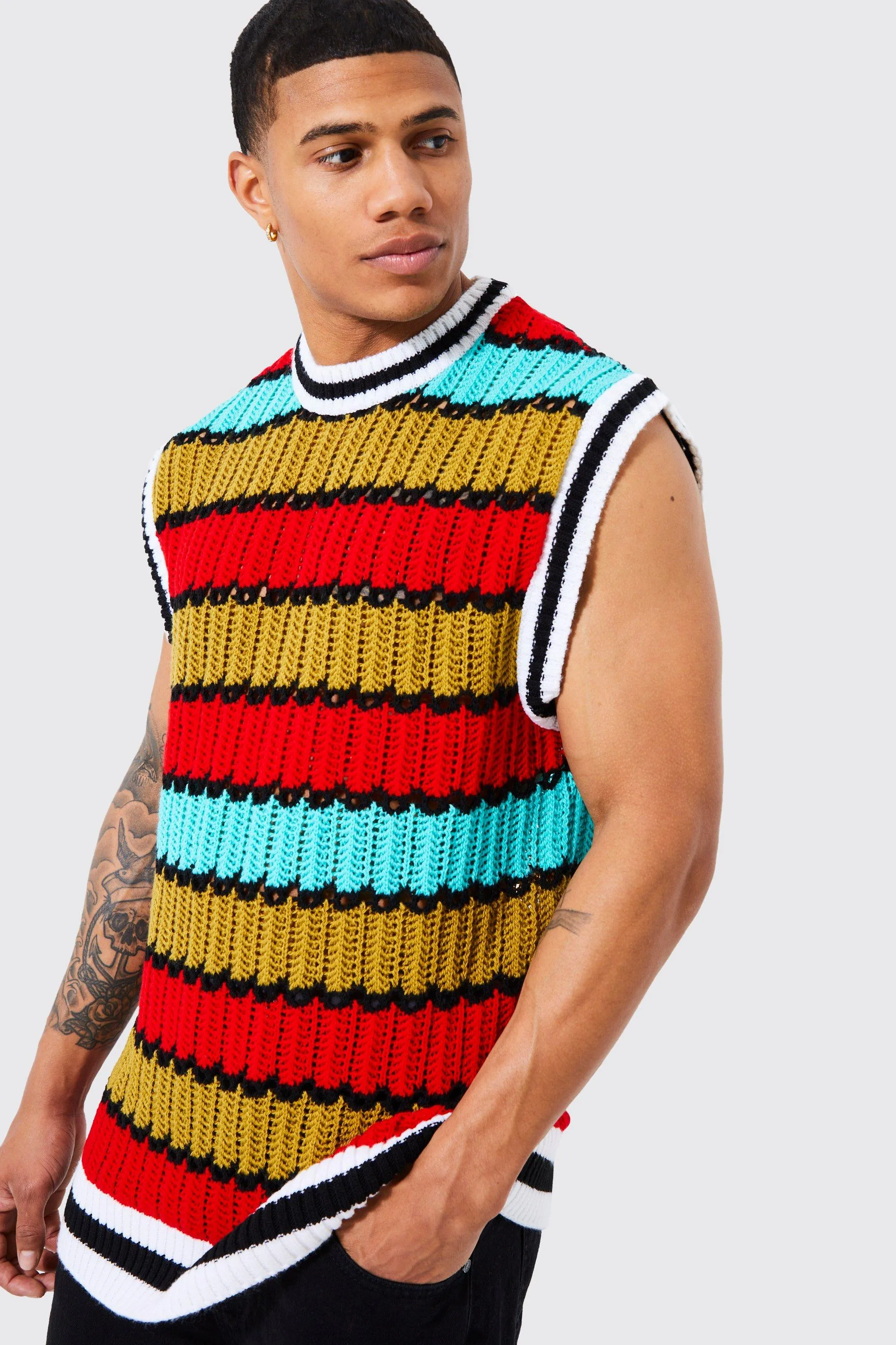 Oversized Crew Neck Knitted Crochet Vest | boohooMAN UK