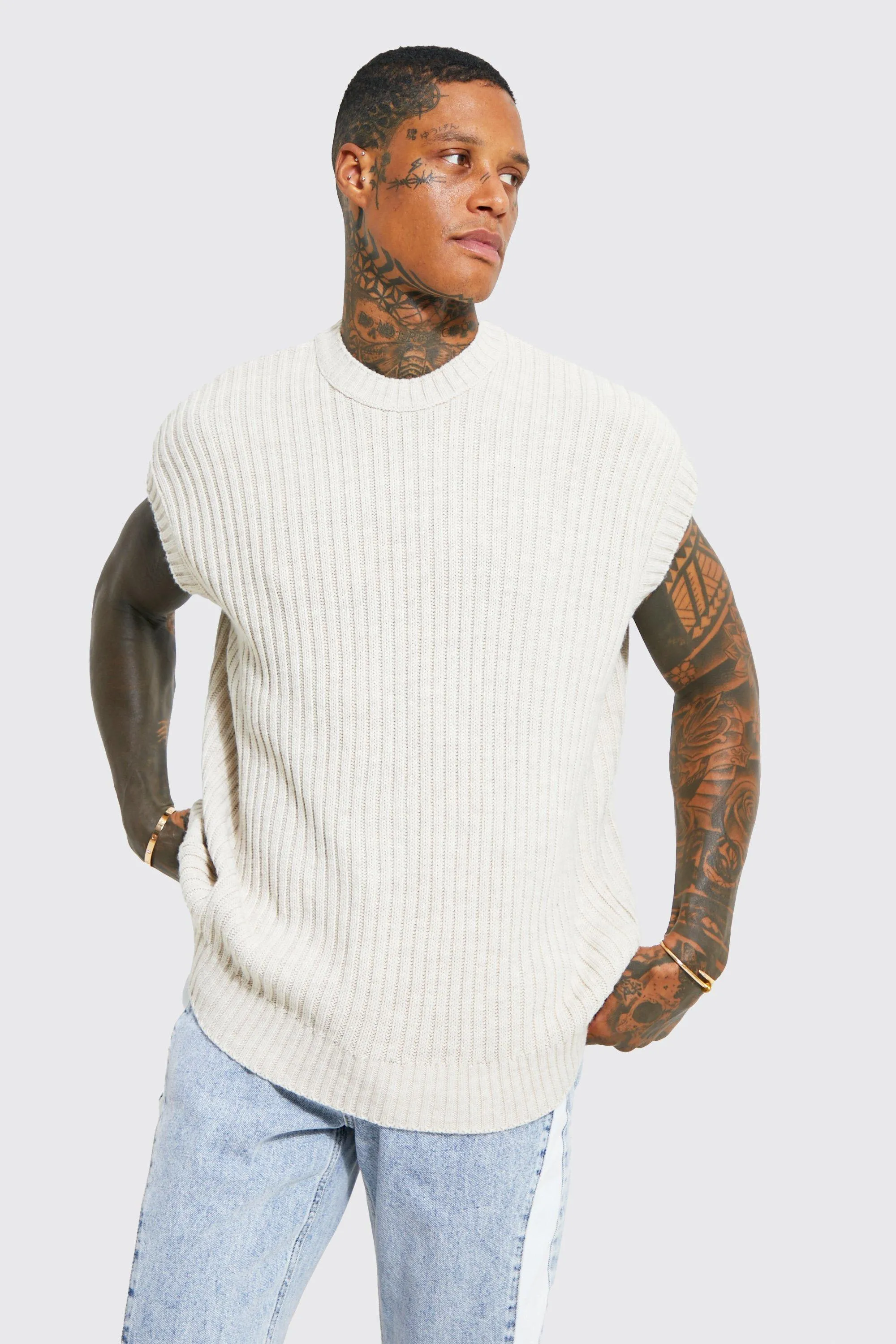 Oversized Crew Neck Ribbed Knitted Vest | boohooMAN UK