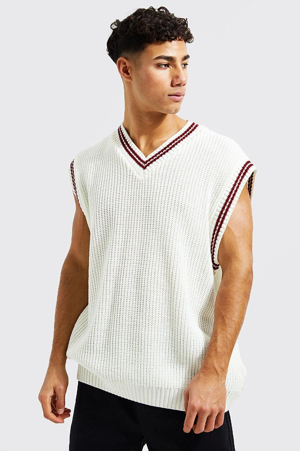 Oversized Fisherman Rib Varsity Knitted Vest | boohooMAN UK