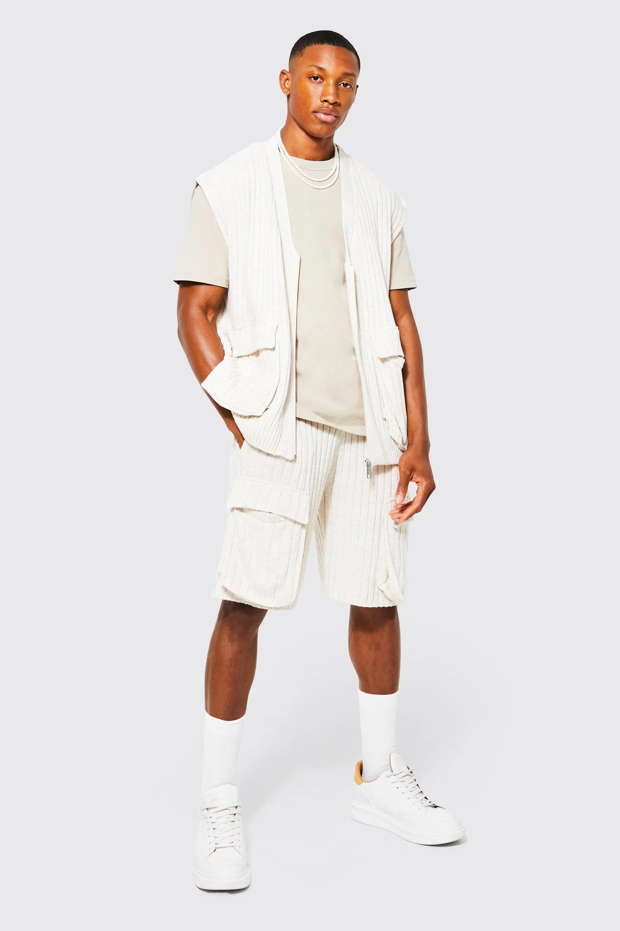 Oversized Knitted Ribbed Vest & Shorts Set | boohooMAN UK