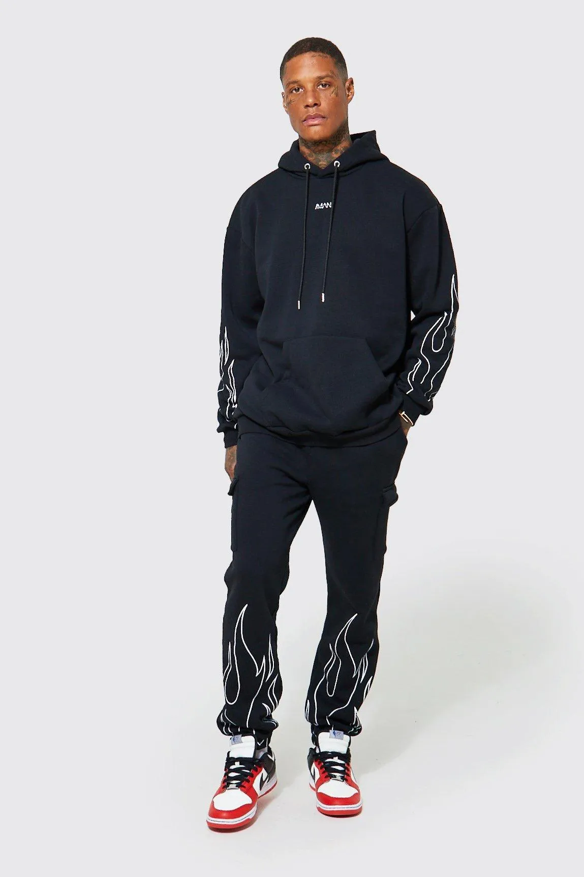 Oversized Man Flame Cargo Hooded Tracksuit