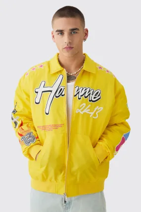 Oversized Multi Badge Nylon Varsity Bomber Jacket In Yellow