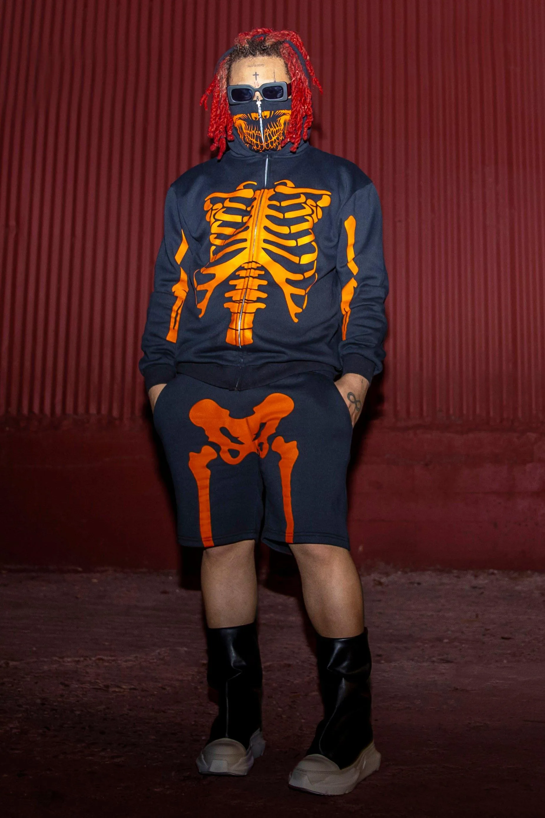 Oversized Skeleton Zip Hooded Short Tracksuit