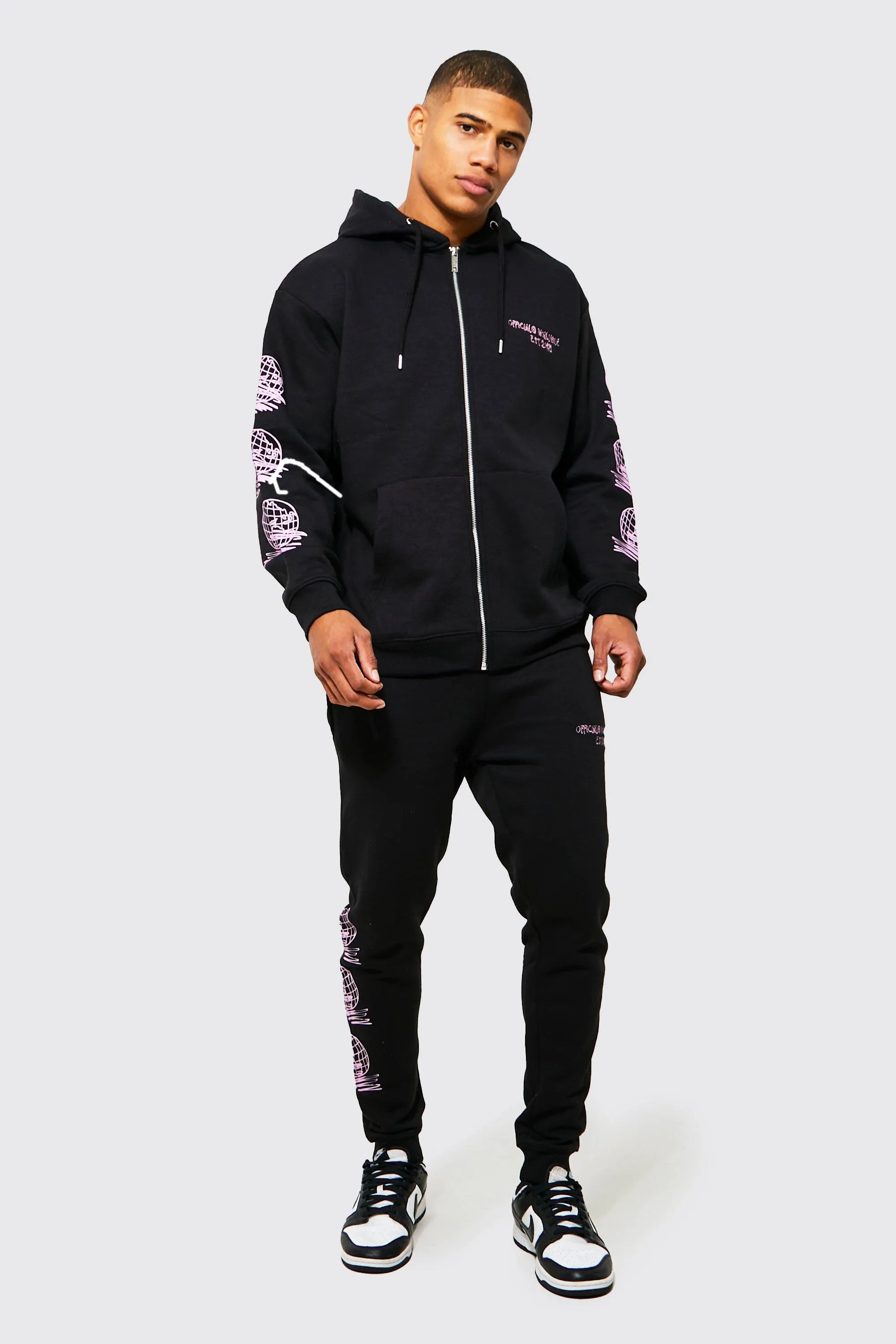 Oversized Sleeve Print Zip Hooded Tracksuit