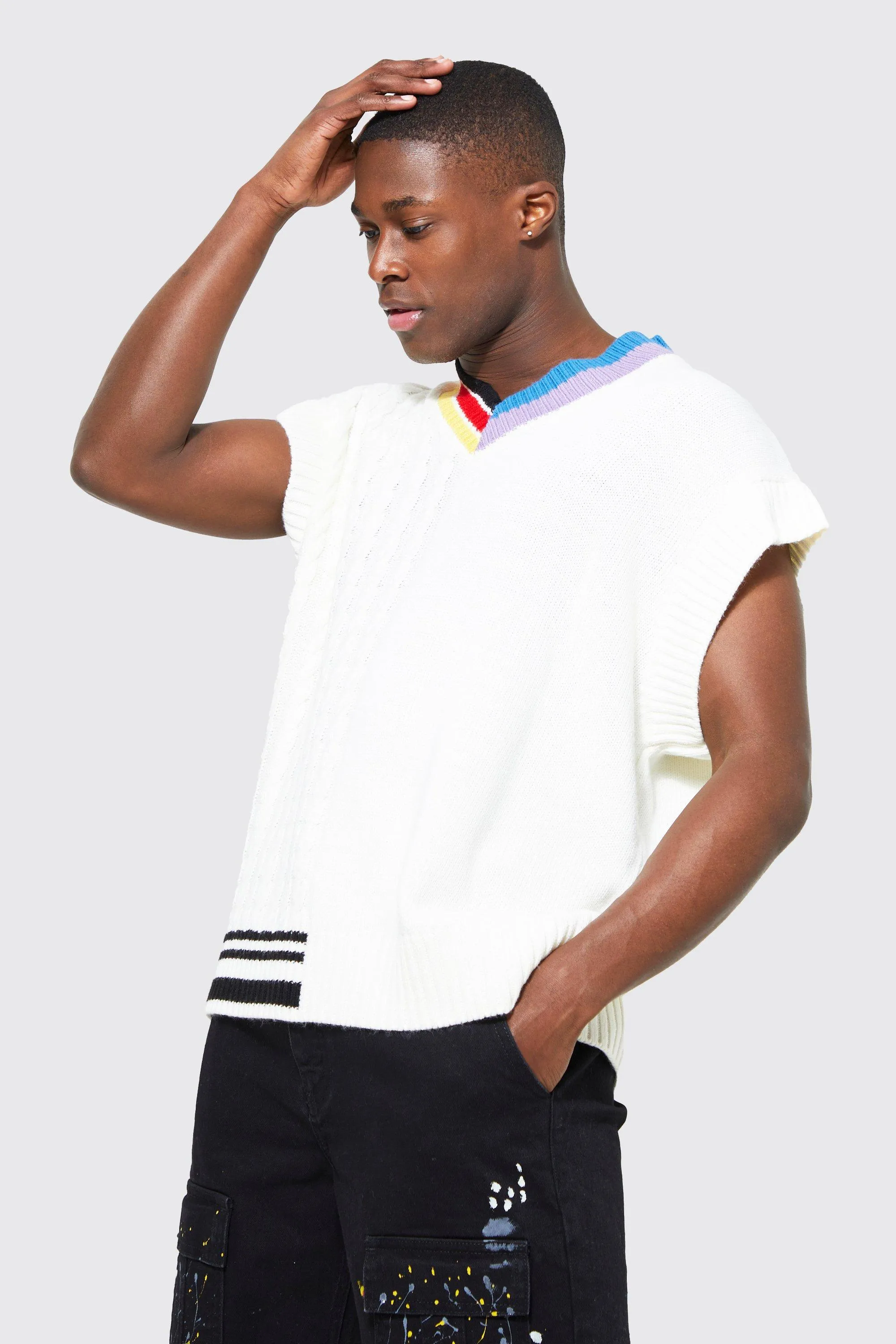 Oversized Spliced Varsity Knitted Vest | boohooMAN UK