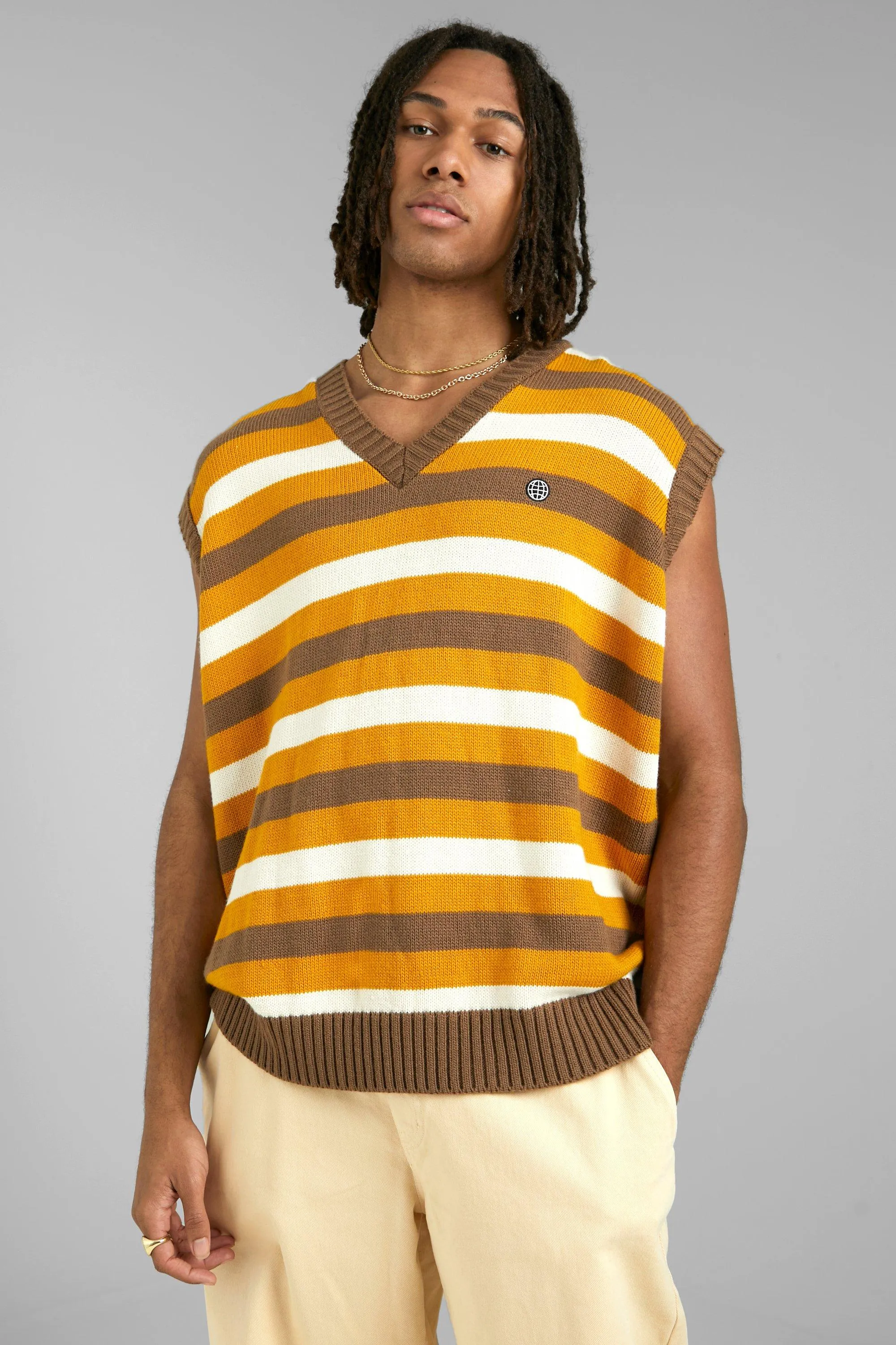 Oversized Striped V Neck Knitted Vest | boohooMAN UK