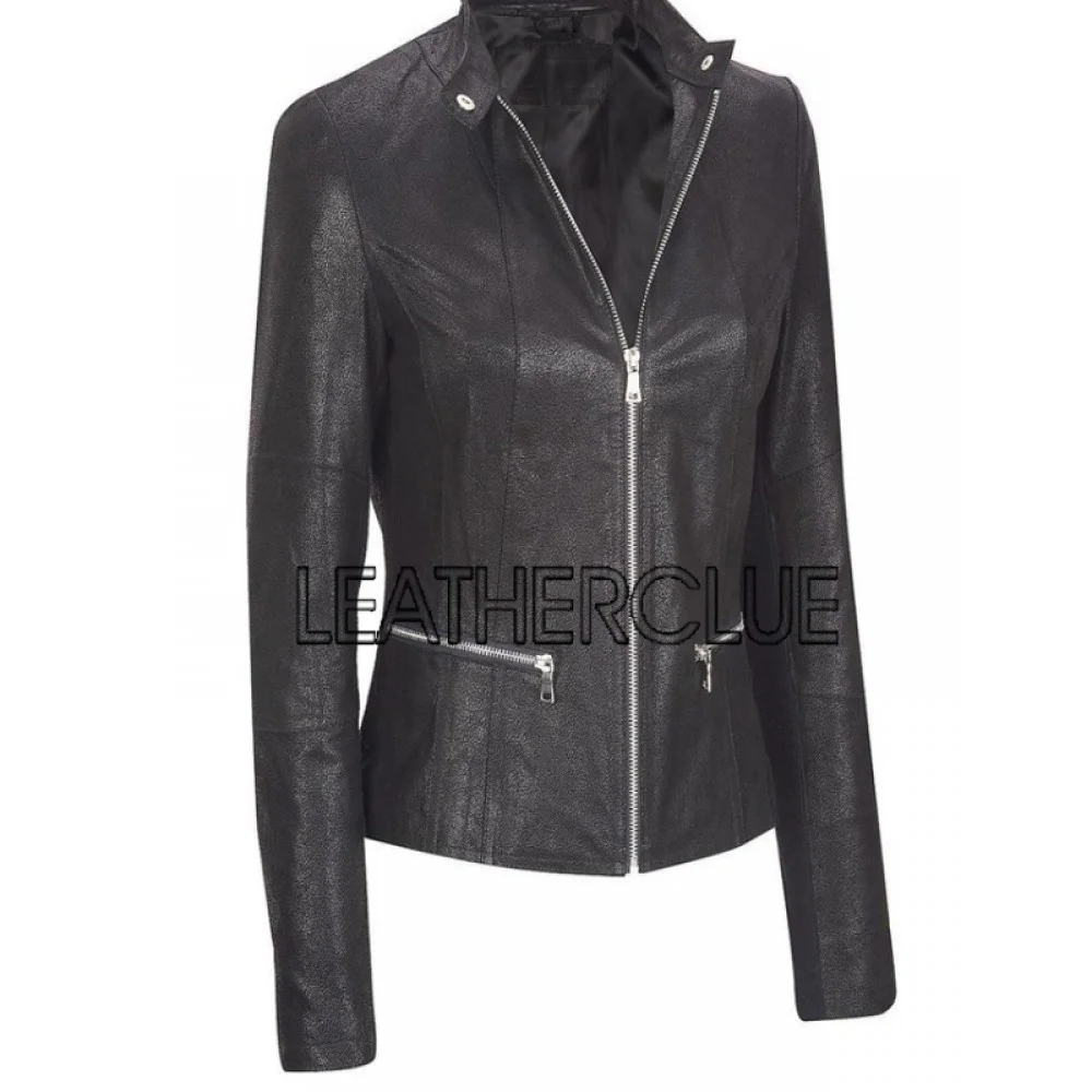 Plain black color soft leather jacket for women