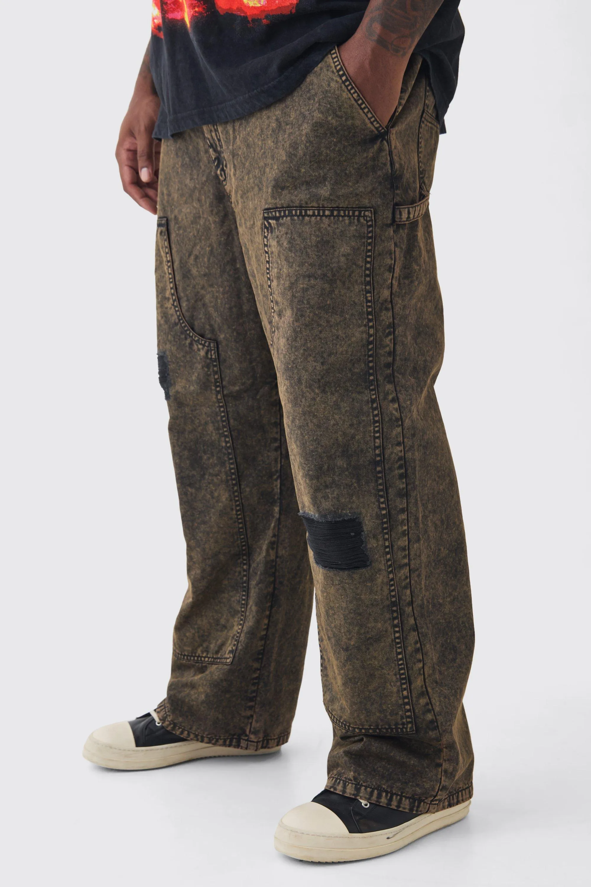 Plus Acid Wash Carpenter Trousers With Knee Rips