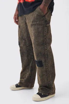 Plus Acid Wash Carpenter Trousers With Knee Rips