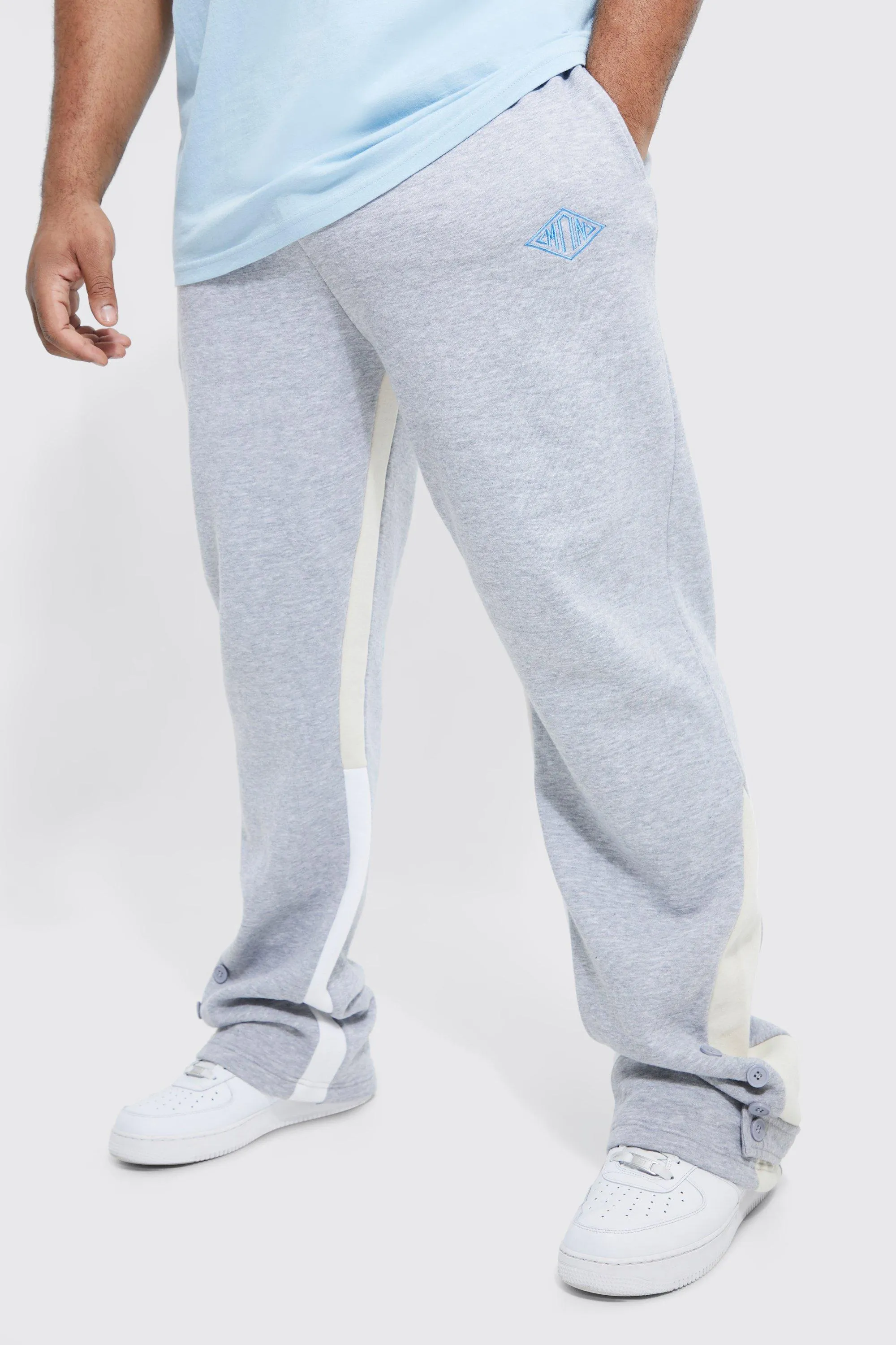 Plus Man Stacked Flare Button Gusset Joggers | boohooMAN UK