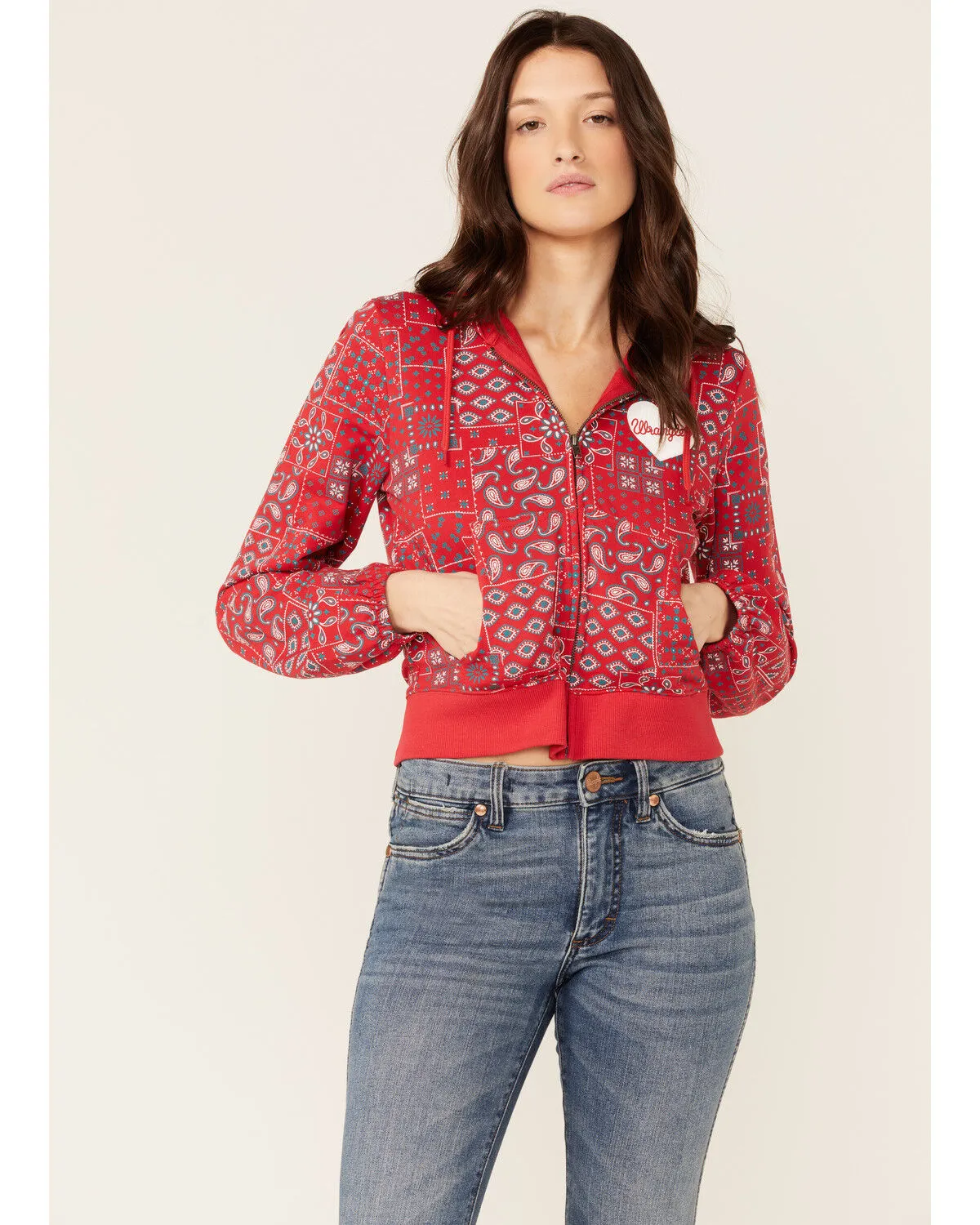 Product Name:  Wrangler Women's Bandana Print Red Crop Zip Hooded Jacket