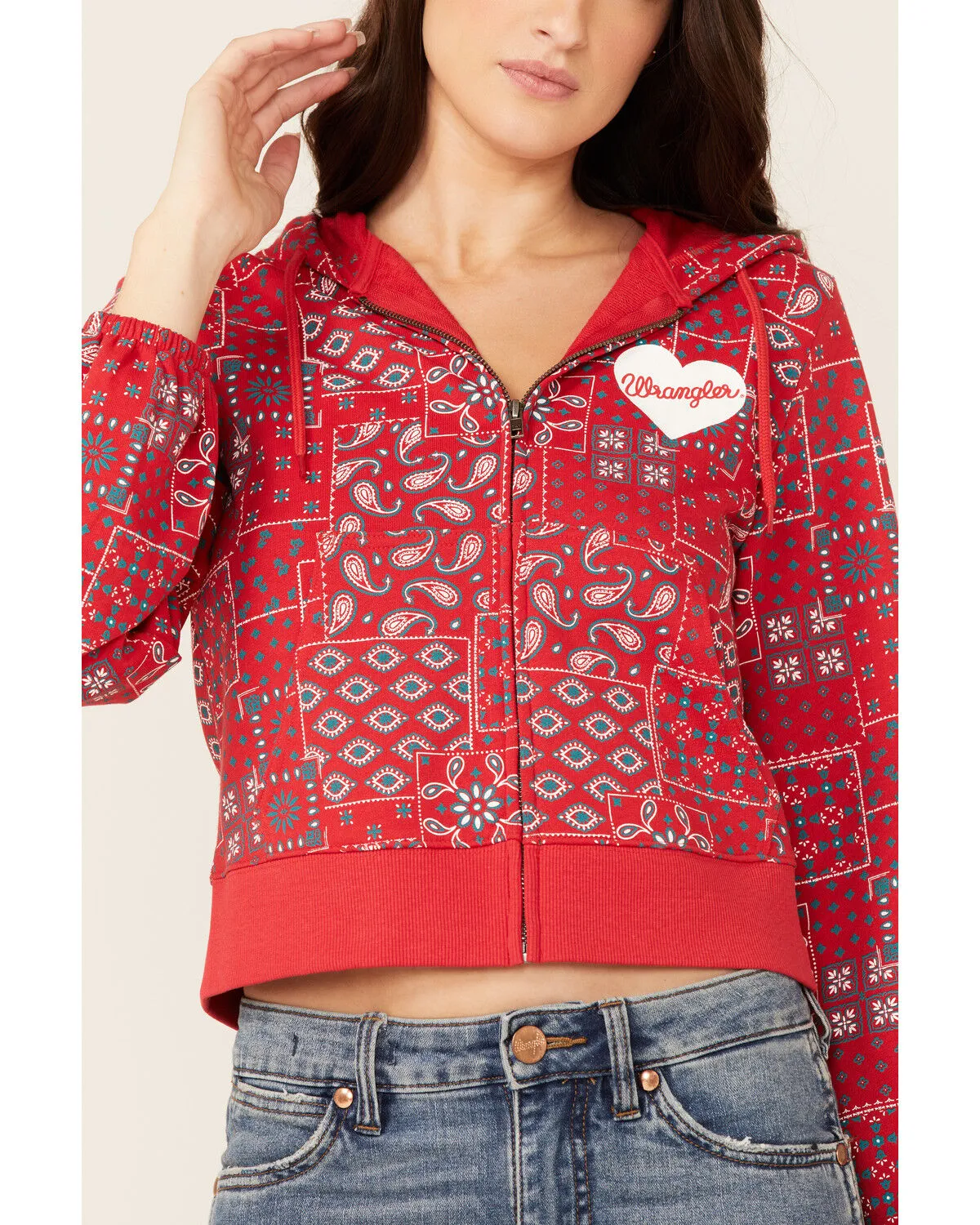 Product Name:  Wrangler Women's Bandana Print Red Crop Zip Hooded Jacket