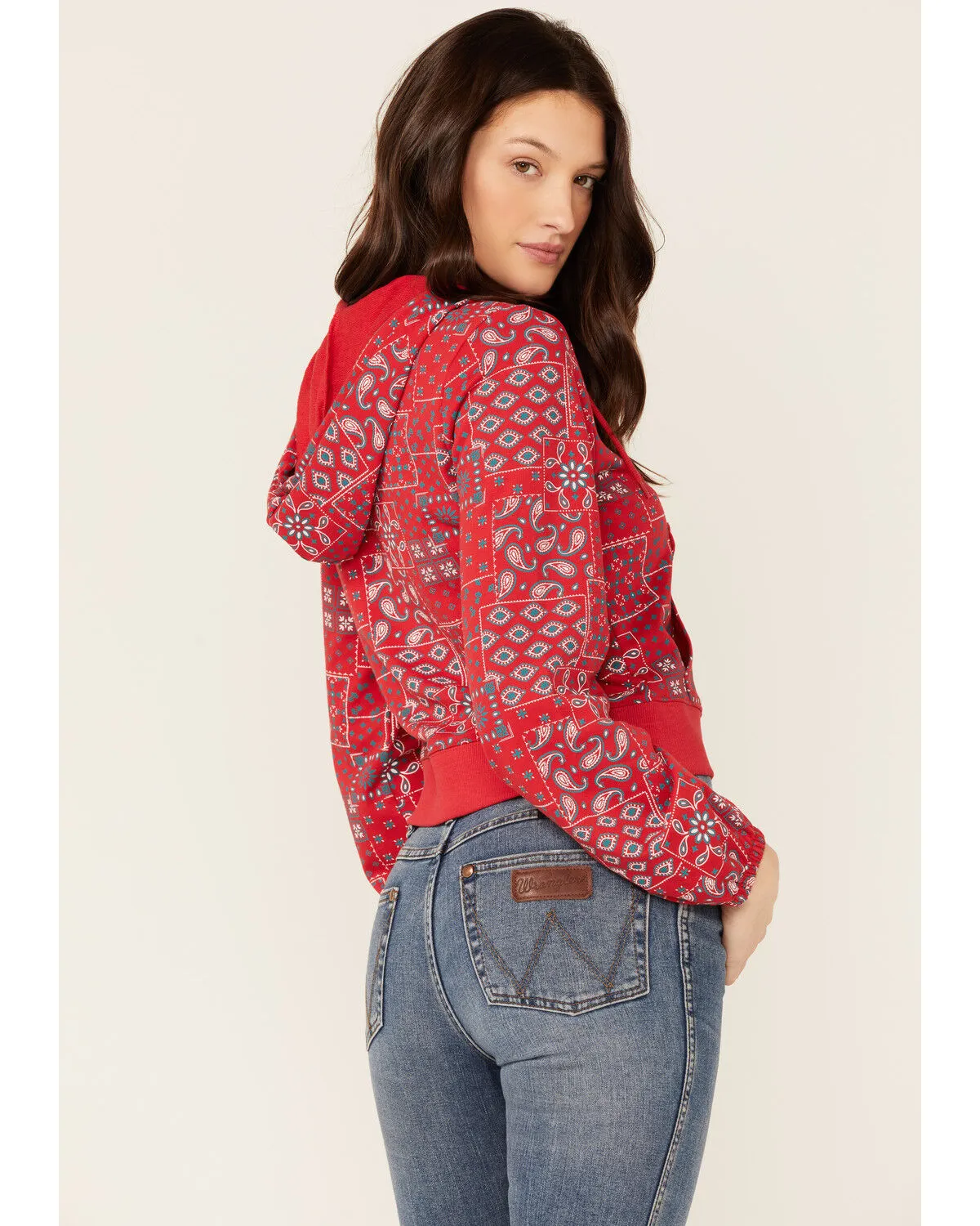 Product Name:  Wrangler Women's Bandana Print Red Crop Zip Hooded Jacket