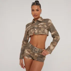 Raw Hem Detail Extreme Cropped Jacket In Stone Camo Print