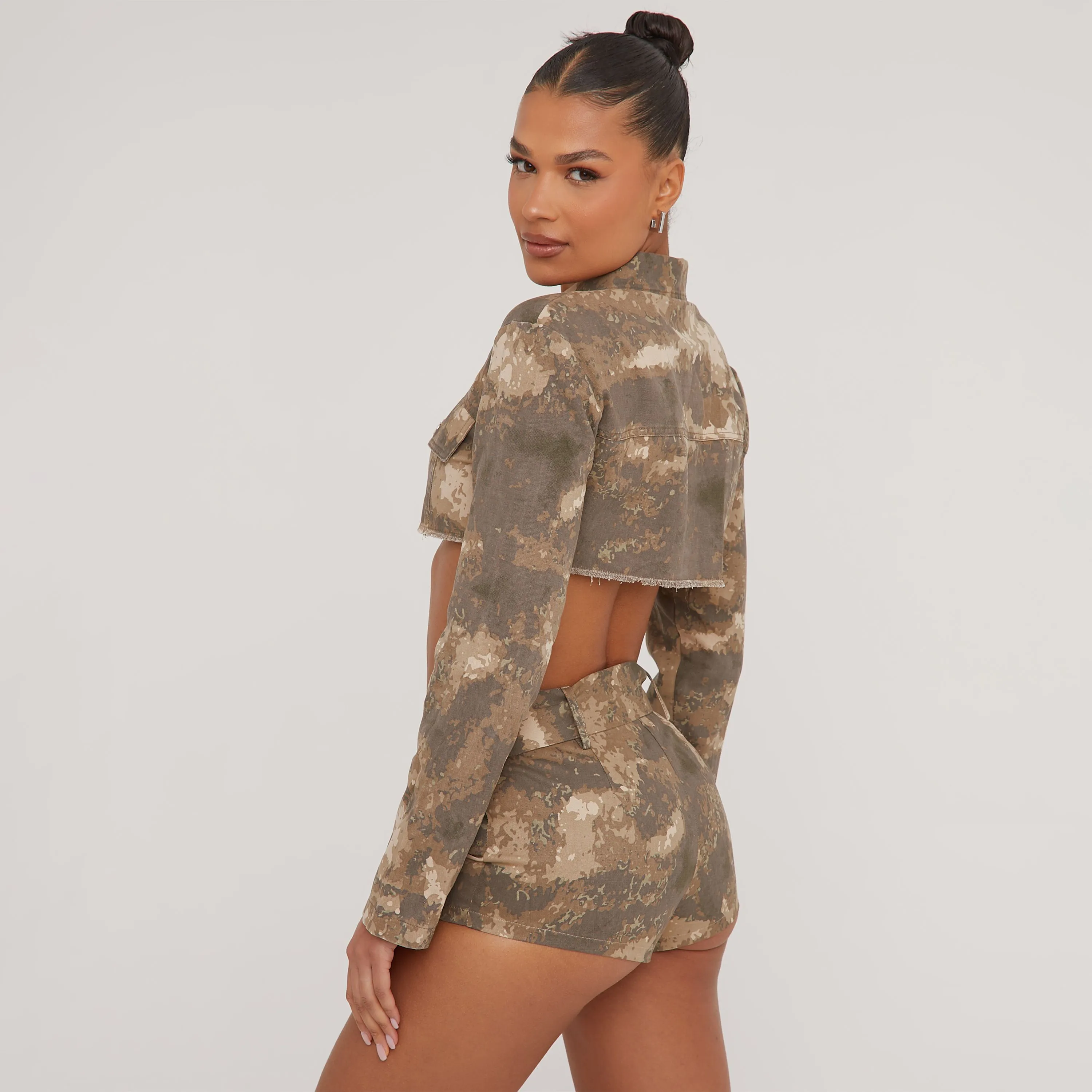 Raw Hem Detail Extreme Cropped Jacket In Stone Camo Print