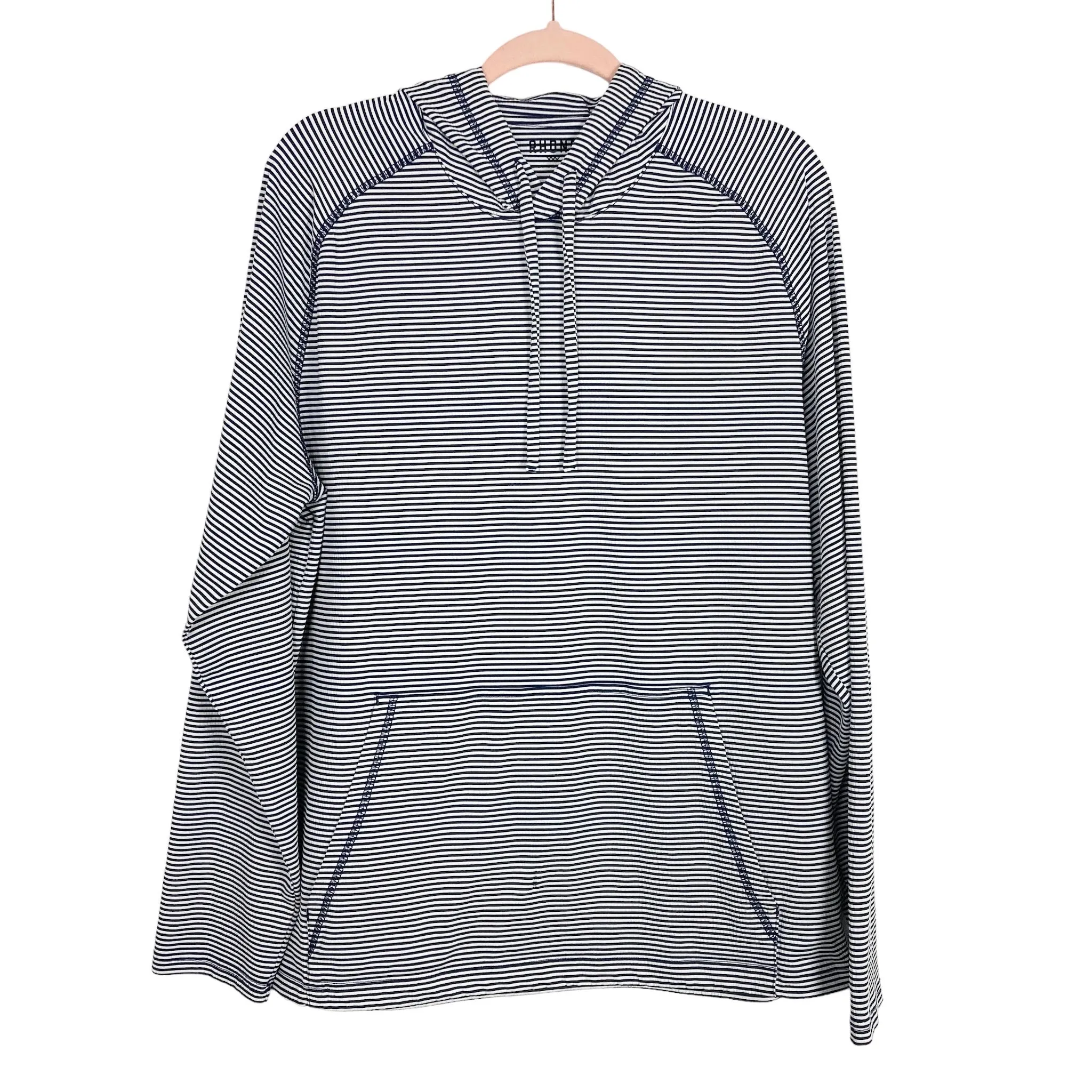 Rhone MEN'S Navy/White Seersucker Camp Hoodie Pullover- Size L (see notes)