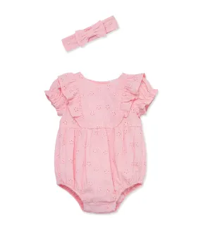 Romper and Headband Set Pink Eyelet Bubble