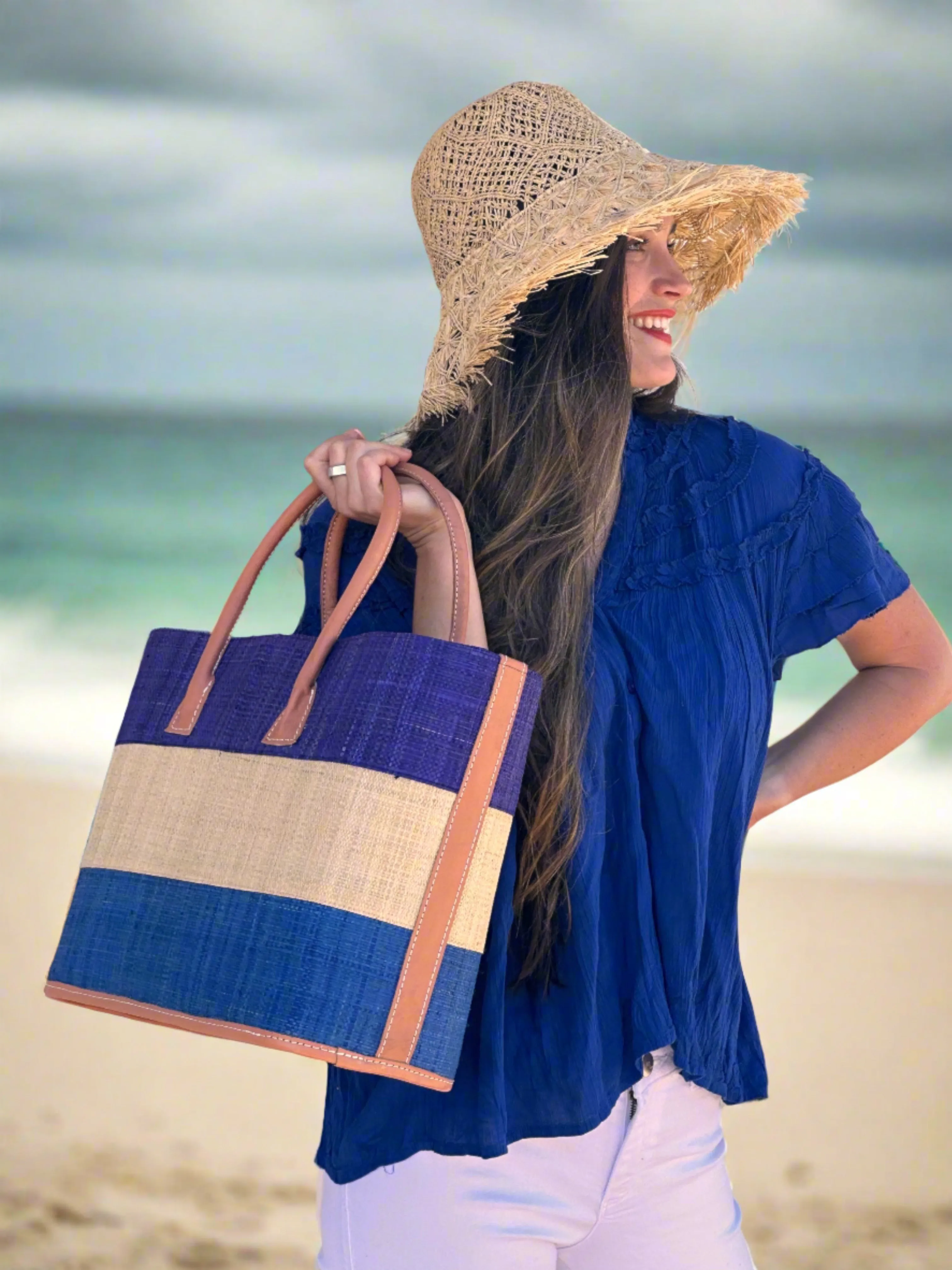 Santorini 3 Tone Color Block Straw Basket Bag Handbag