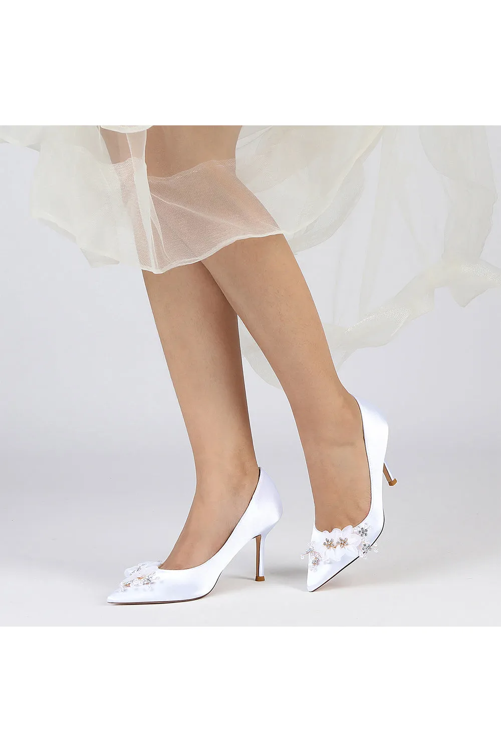 Satin Wedding Shoes Stiletto Heel With Rhinestone Flower