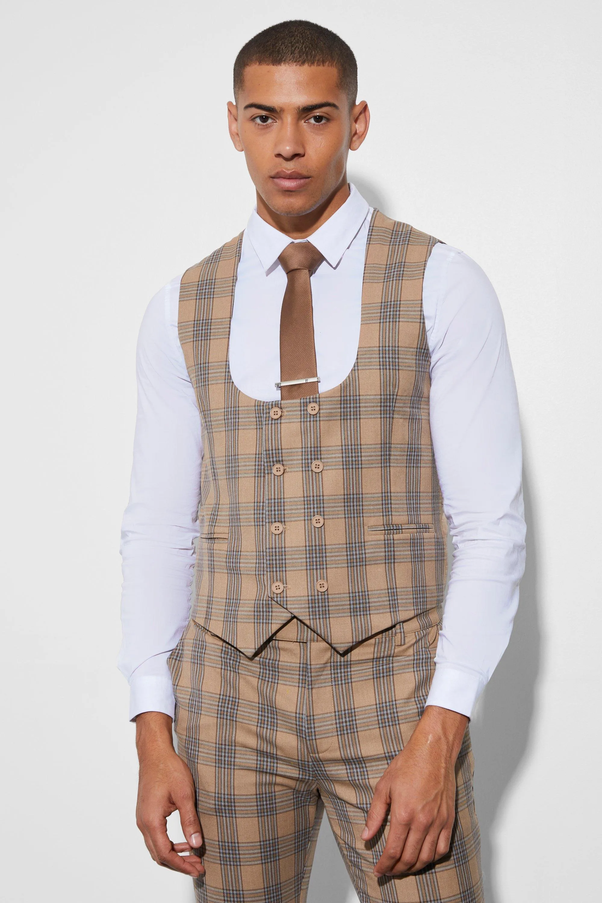 Skinny Double Breasted Check Waistcoat