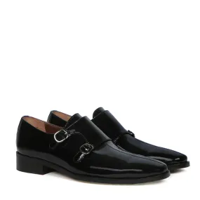 Sleek Apron Toe Double Monk Slip-On Shoes Patent Black Leather