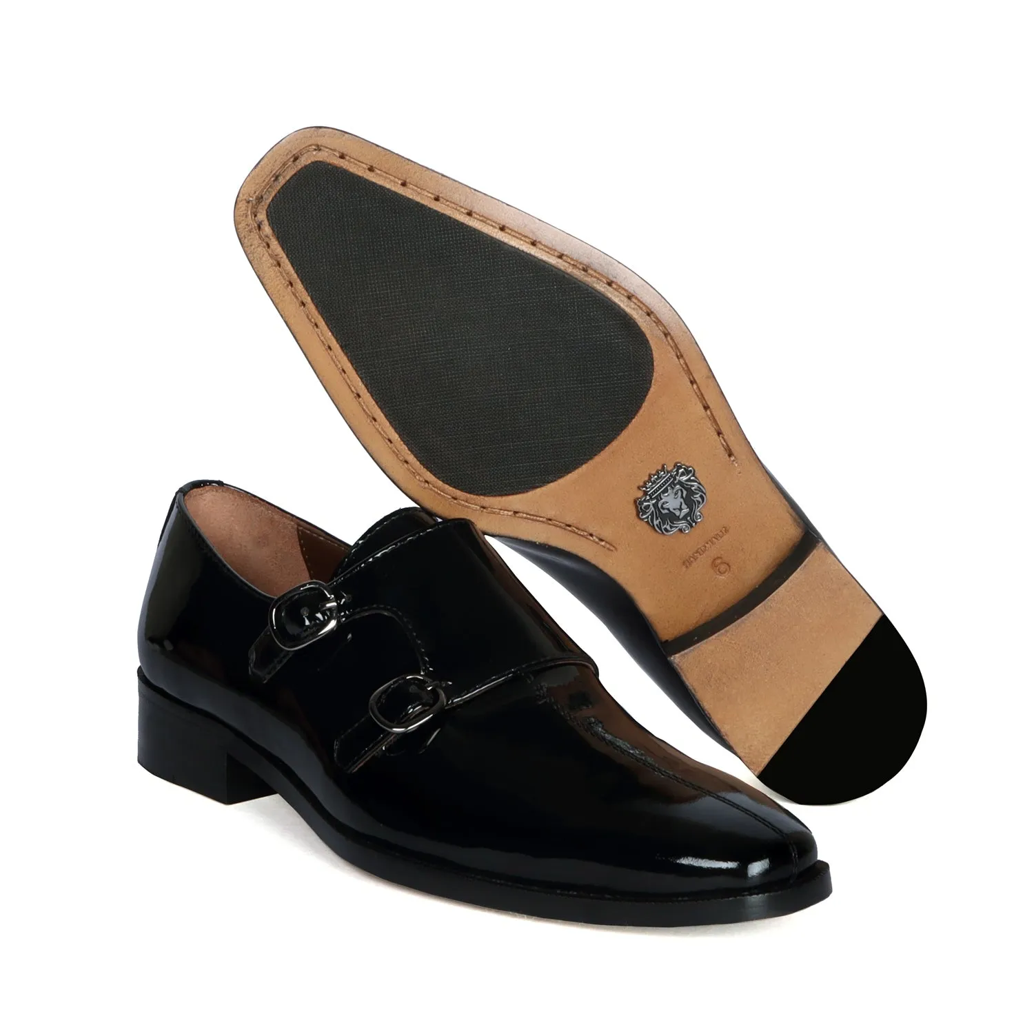 Sleek Apron Toe Double Monk Slip-On Shoes Patent Black Leather