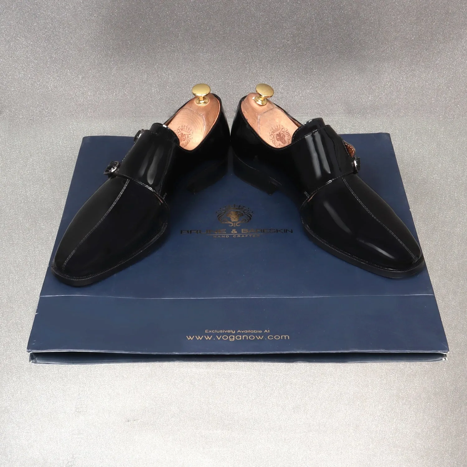 Sleek Apron Toe Double Monk Slip-On Shoes Patent Black Leather