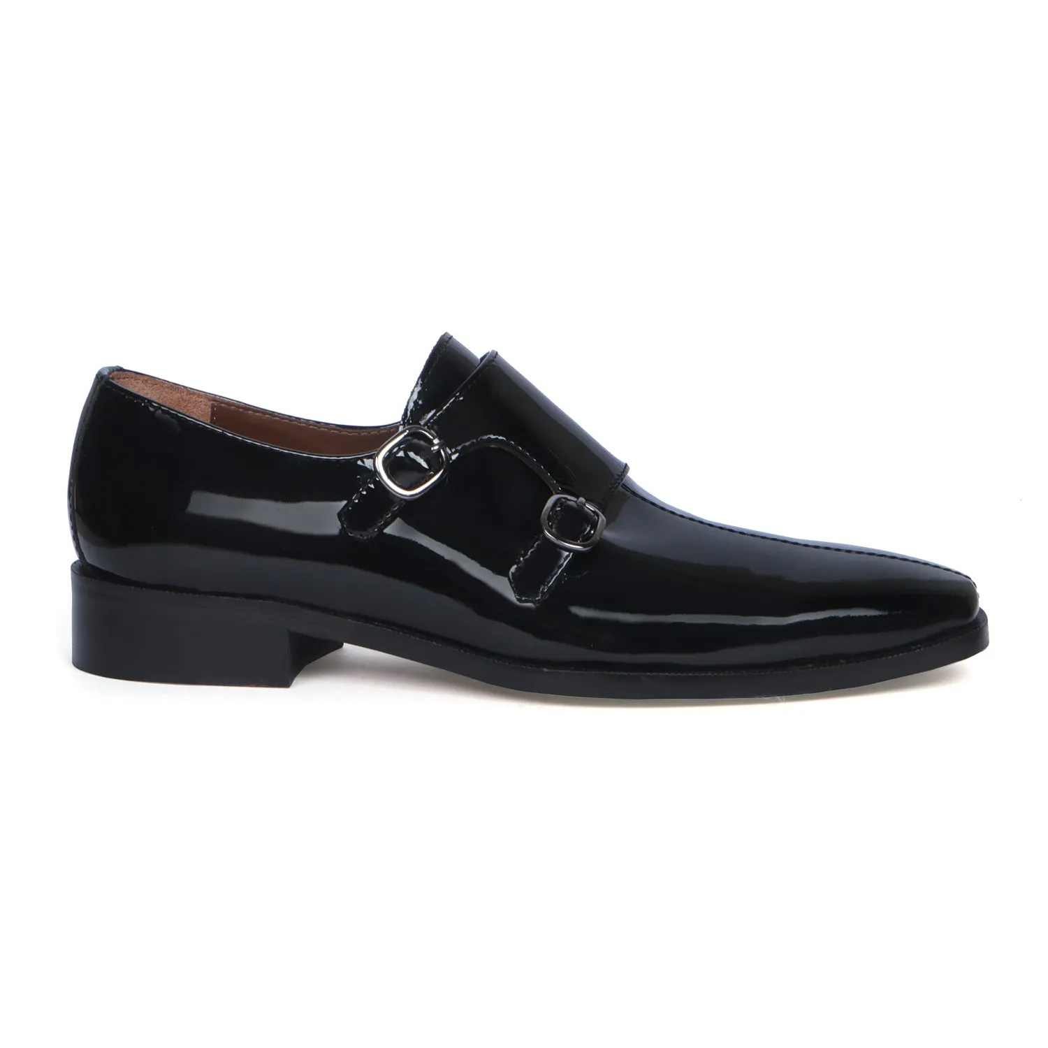 Sleek Apron Toe Double Monk Slip-On Shoes Patent Black Leather