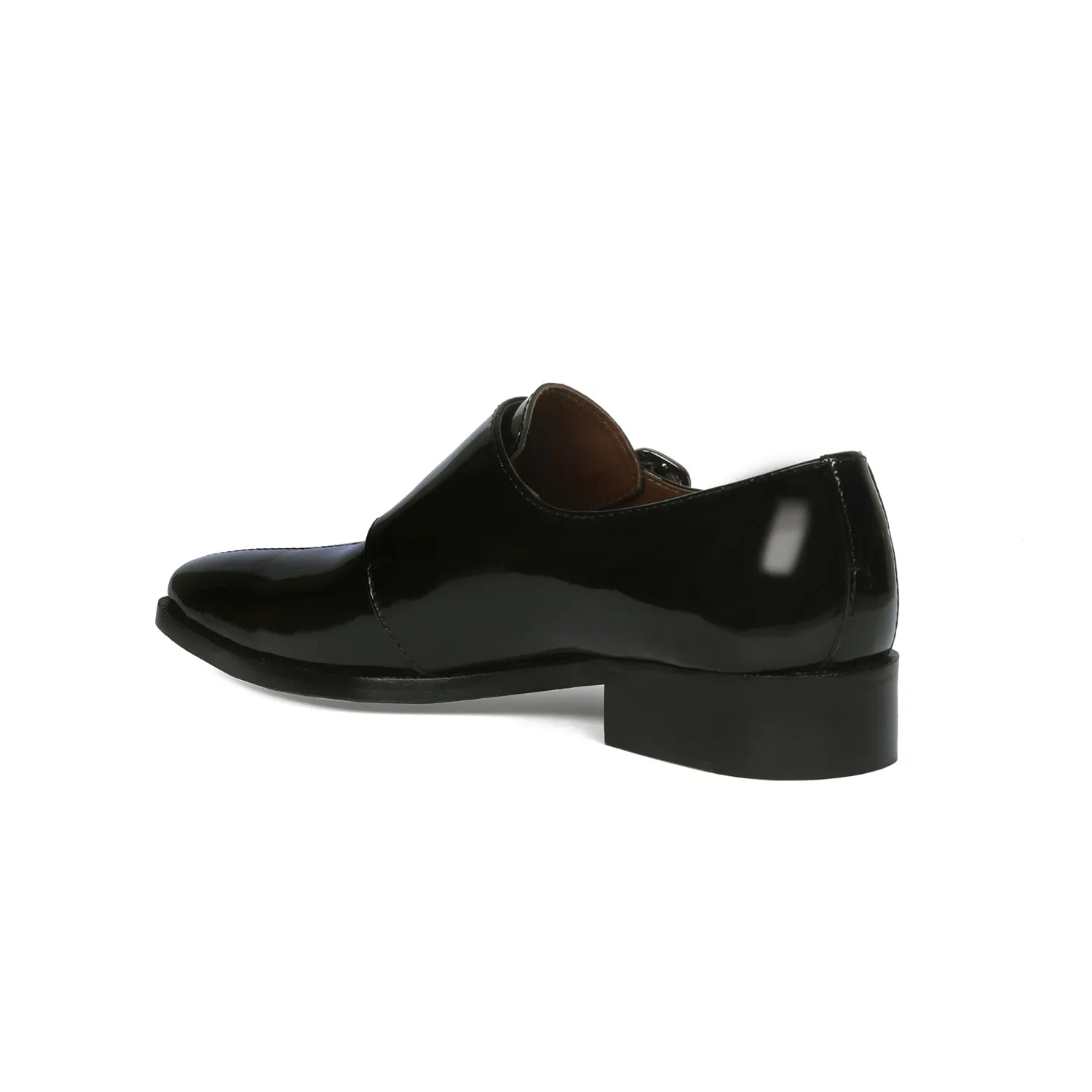 Sleek Apron Toe Double Monk Slip-On Shoes Patent Black Leather