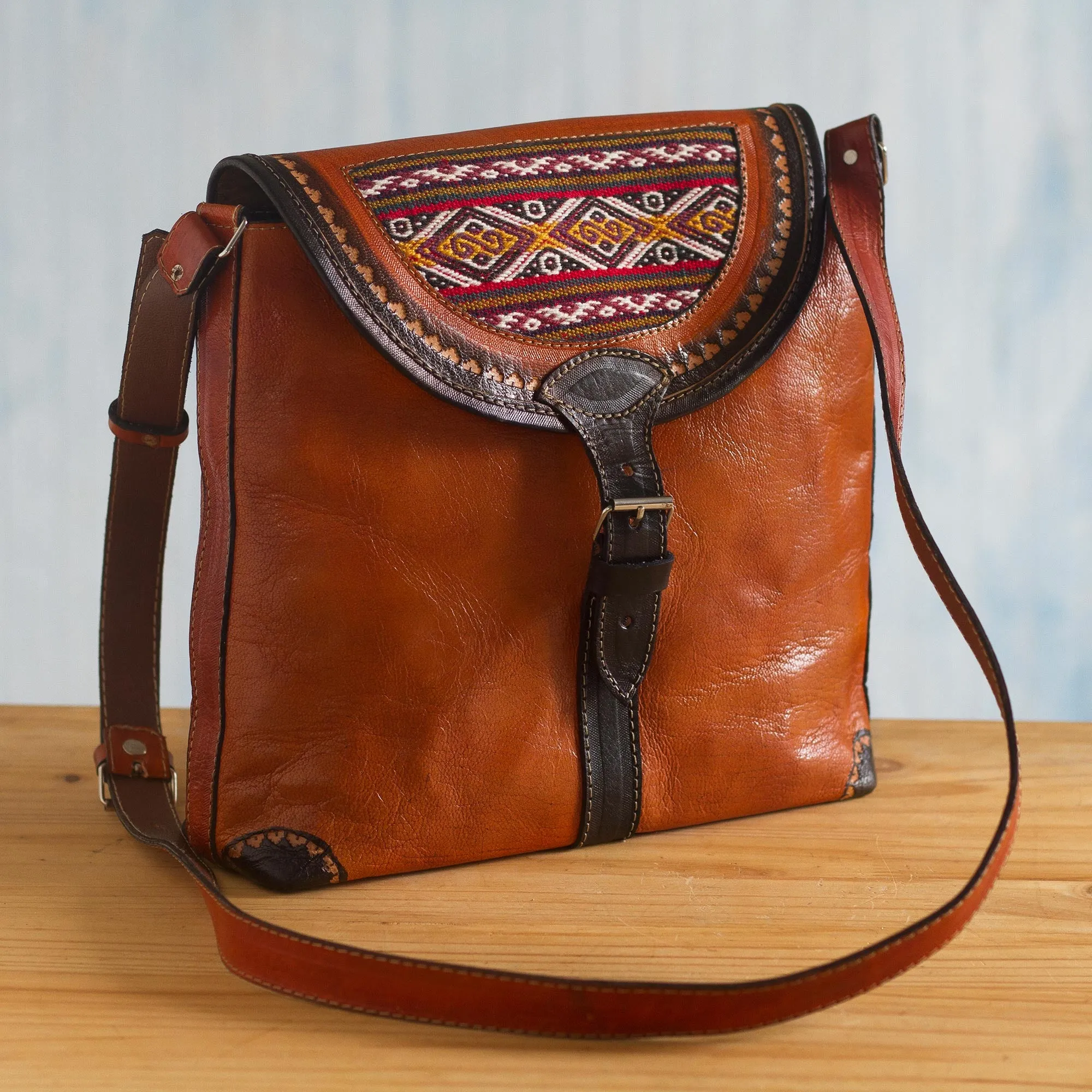 Solari Hand Crafted Orange Leather Shoulder Bag with Wool Accent