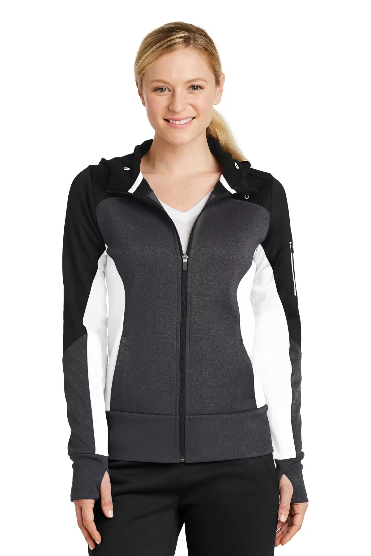 Sport Tek LST245 Sport-Tek Ladies Tech Fleece Colorblock Full-Zip Hooded Jacket SKU: LST245