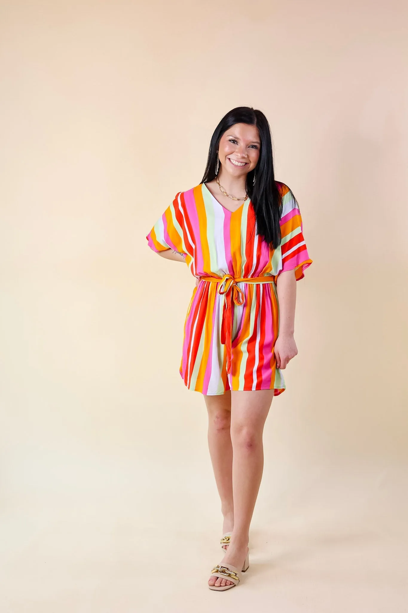 Sun And Shade Striped Romper with Short Sleeves in Pink Mix