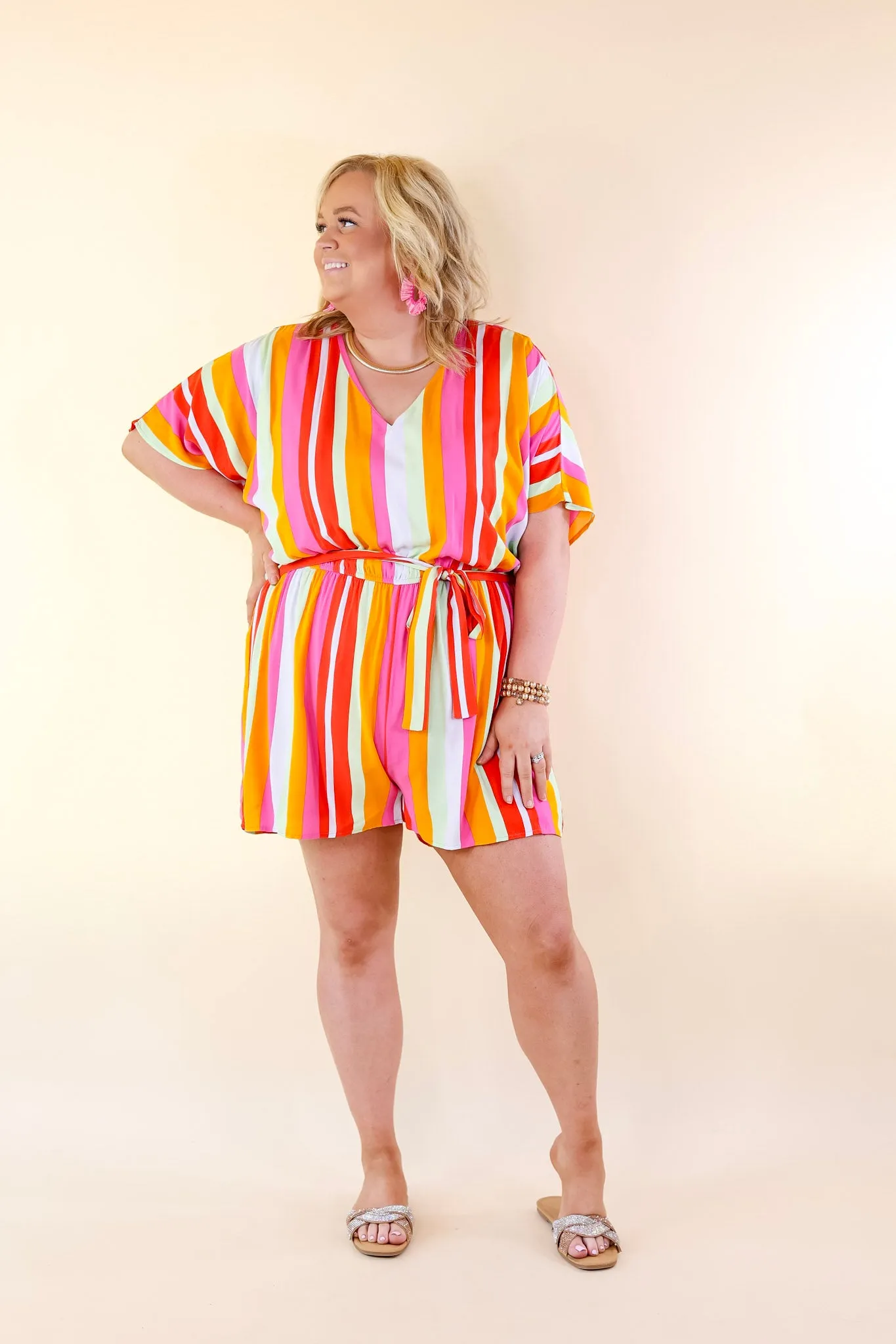 Sun And Shade Striped Romper with Short Sleeves in Pink Mix