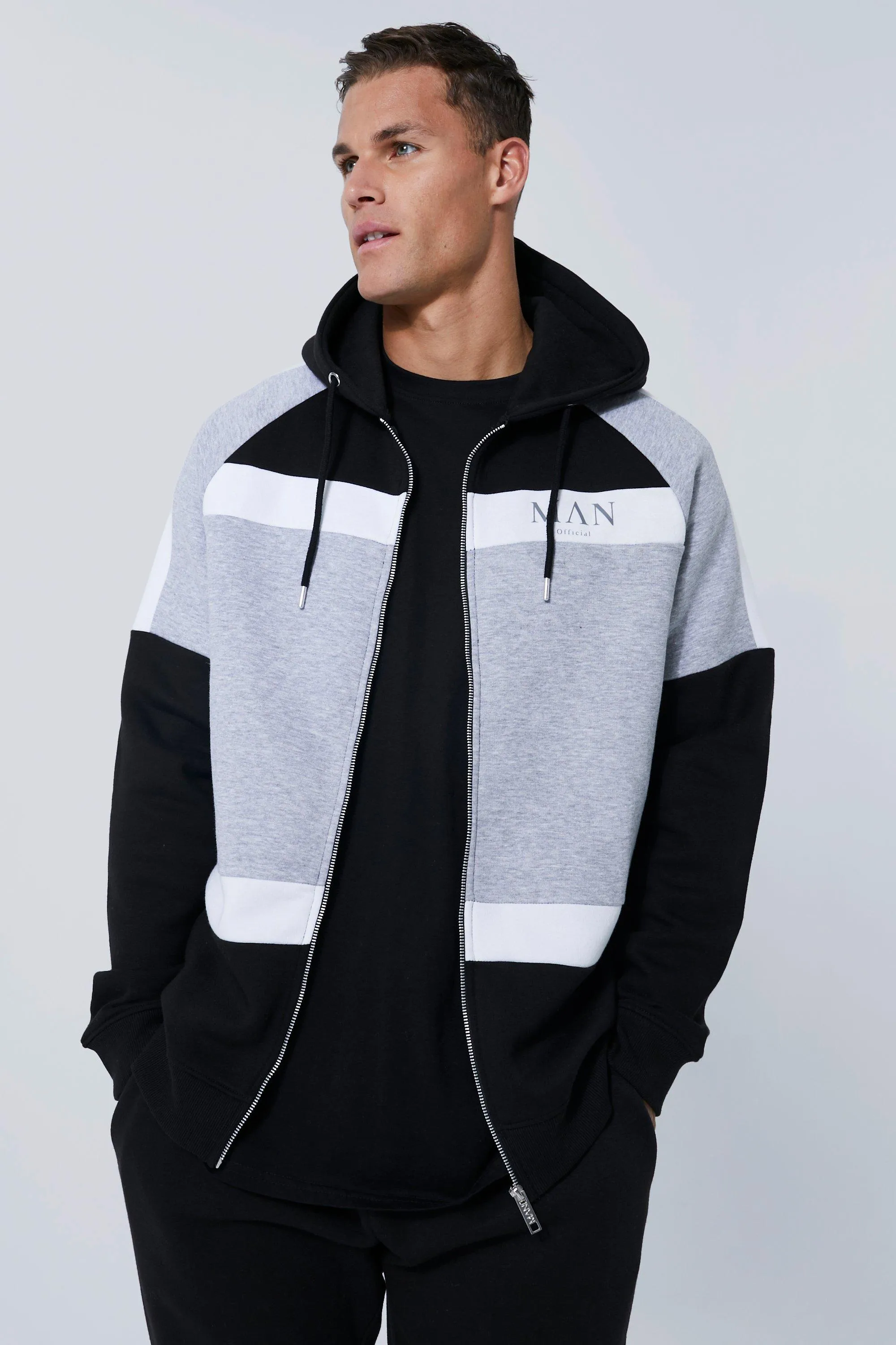 Tall Roman Man Colour Block Zip Through Hoodie | boohooMAN UK