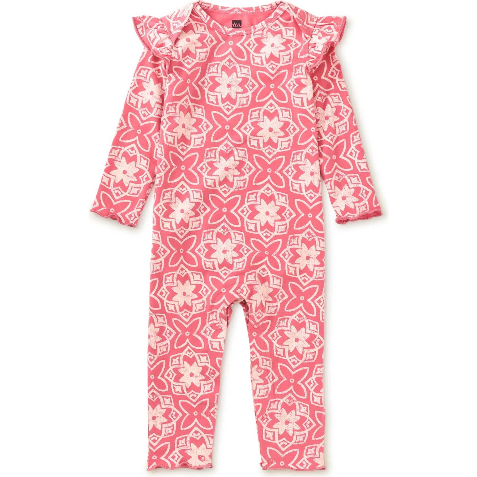 Tea Collection Ruffle Shoulder Baby Romper, Geometric Floral Tile