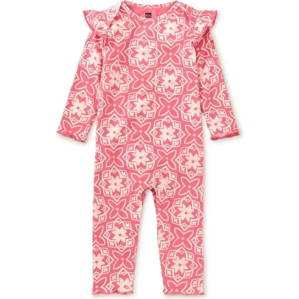 Tea Collection Ruffle Shoulder Baby Romper, Geometric Floral Tile