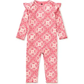 Tea Collection Ruffle Shoulder Baby Romper, Geometric Floral Tile