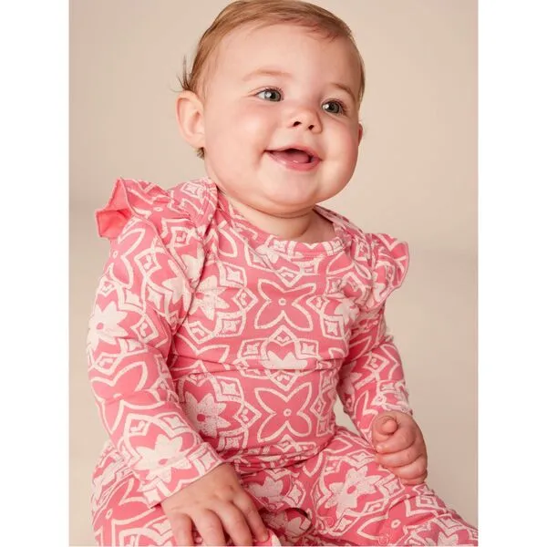 Tea Collection Ruffle Shoulder Baby Romper, Geometric Floral Tile