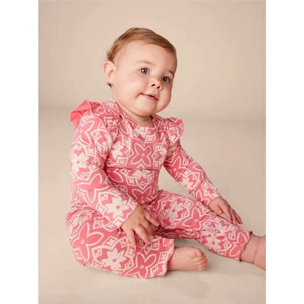 Tea Collection Ruffle Shoulder Baby Romper, Geometric Floral Tile