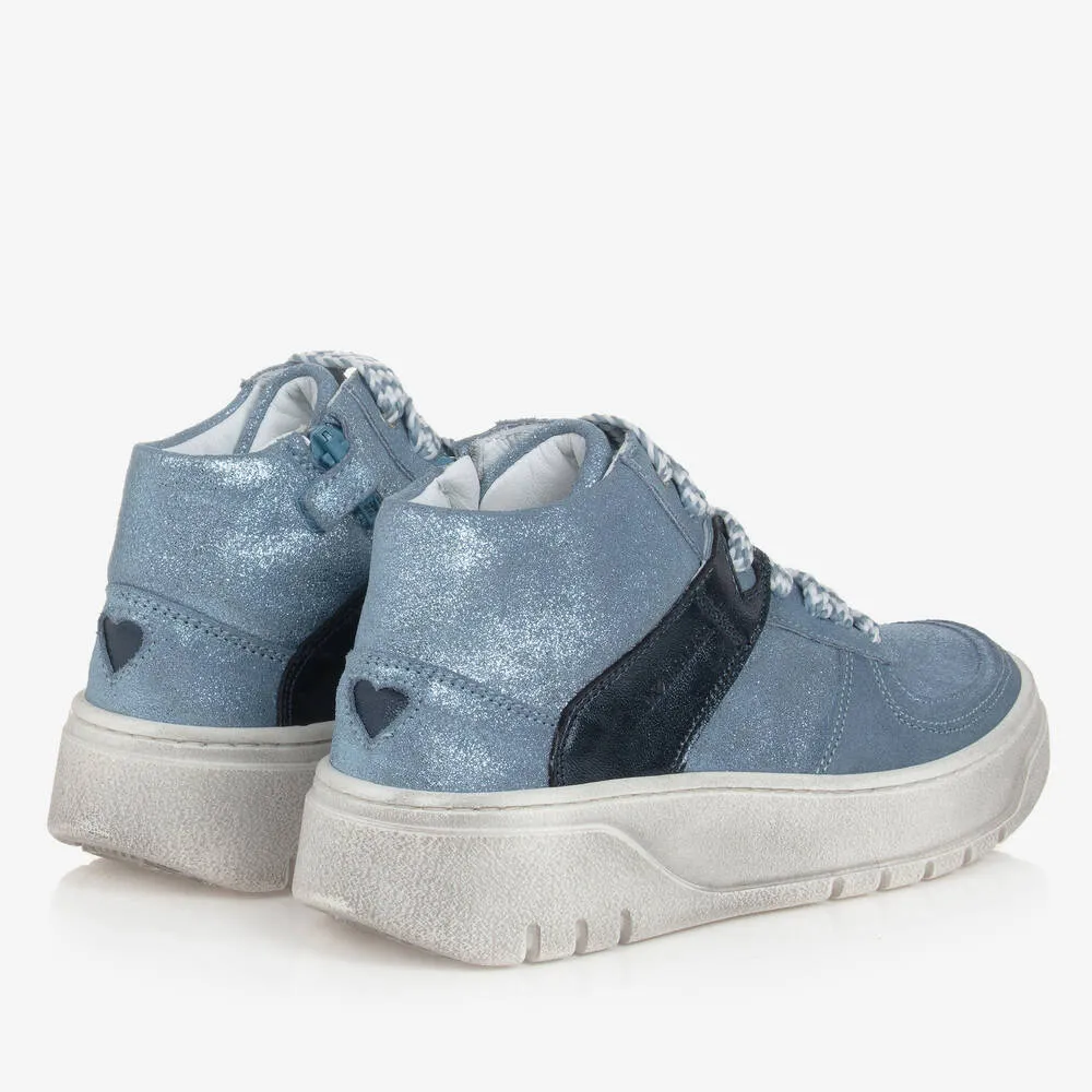 Teen Girls Blue Leather High-Top Trainers