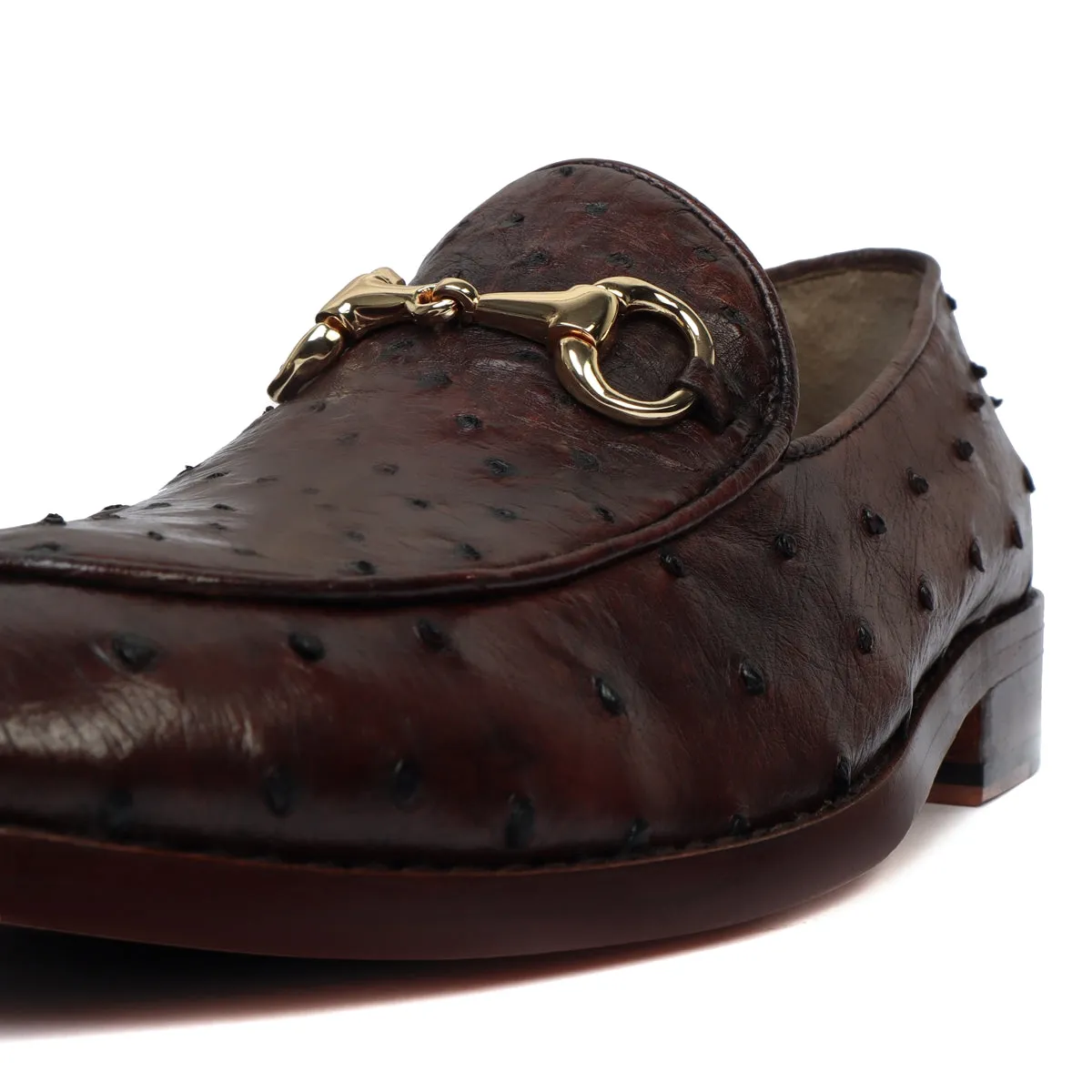 Tobacco Brown Slip-On  Shoes in Real Ostrich Leather Horse-bit Buckle